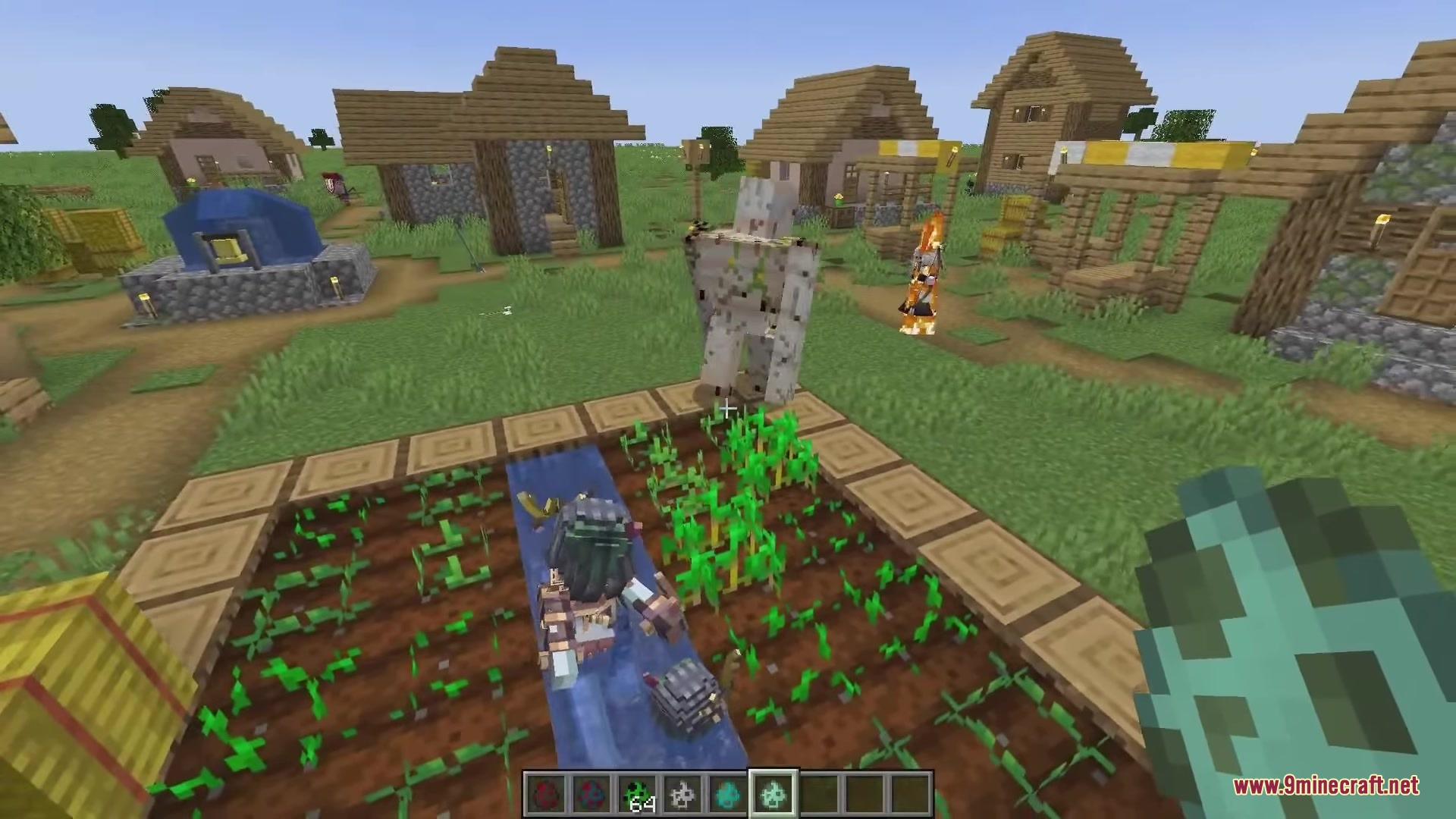 Dokimobs Mod Screenshot 13 An Iron Golem and villagers with updated textures in a Minecraft village