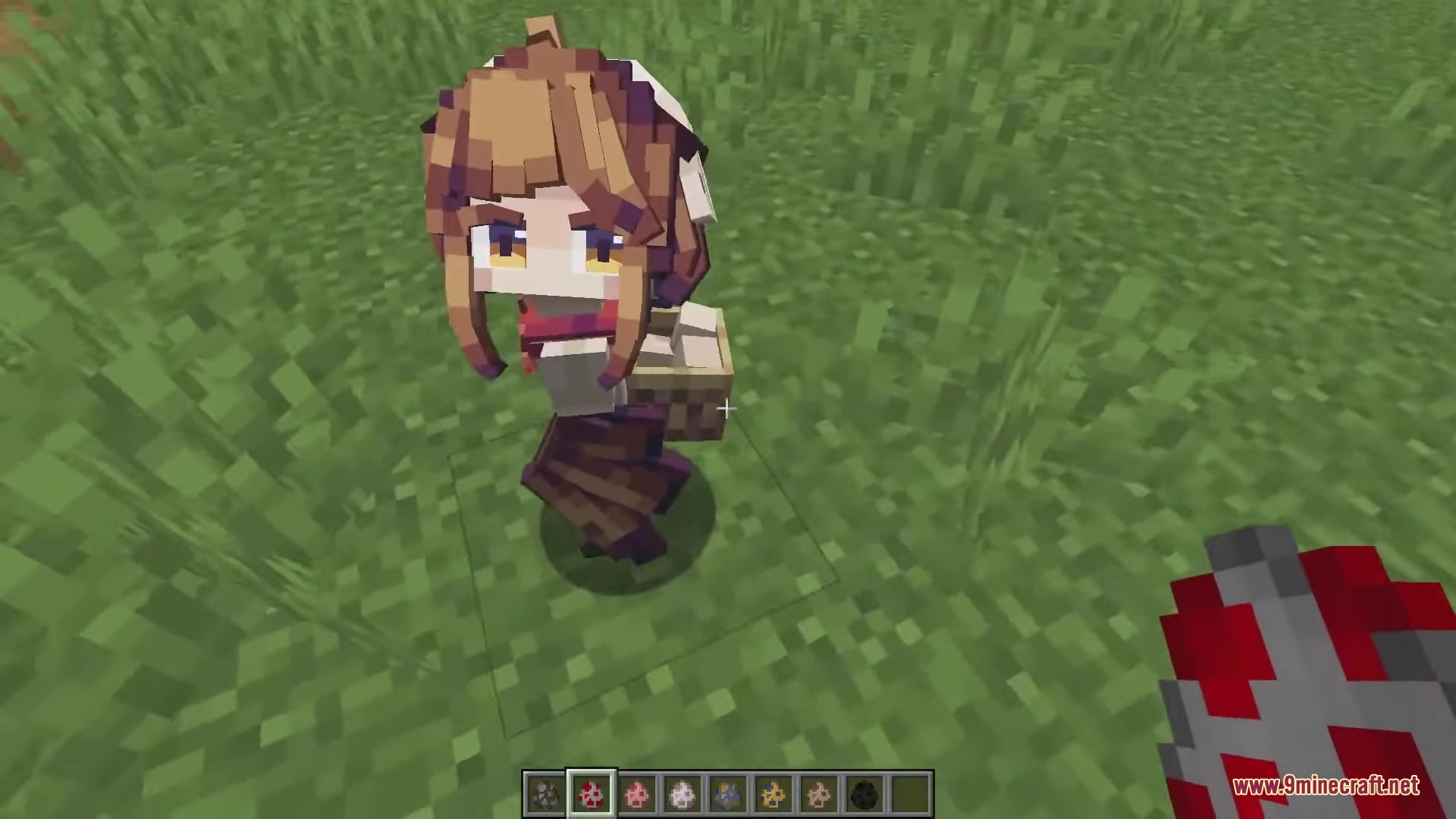 Dokimobs Mod Screenshot 2 Small chicken girl mob with a red scarf stands on grass