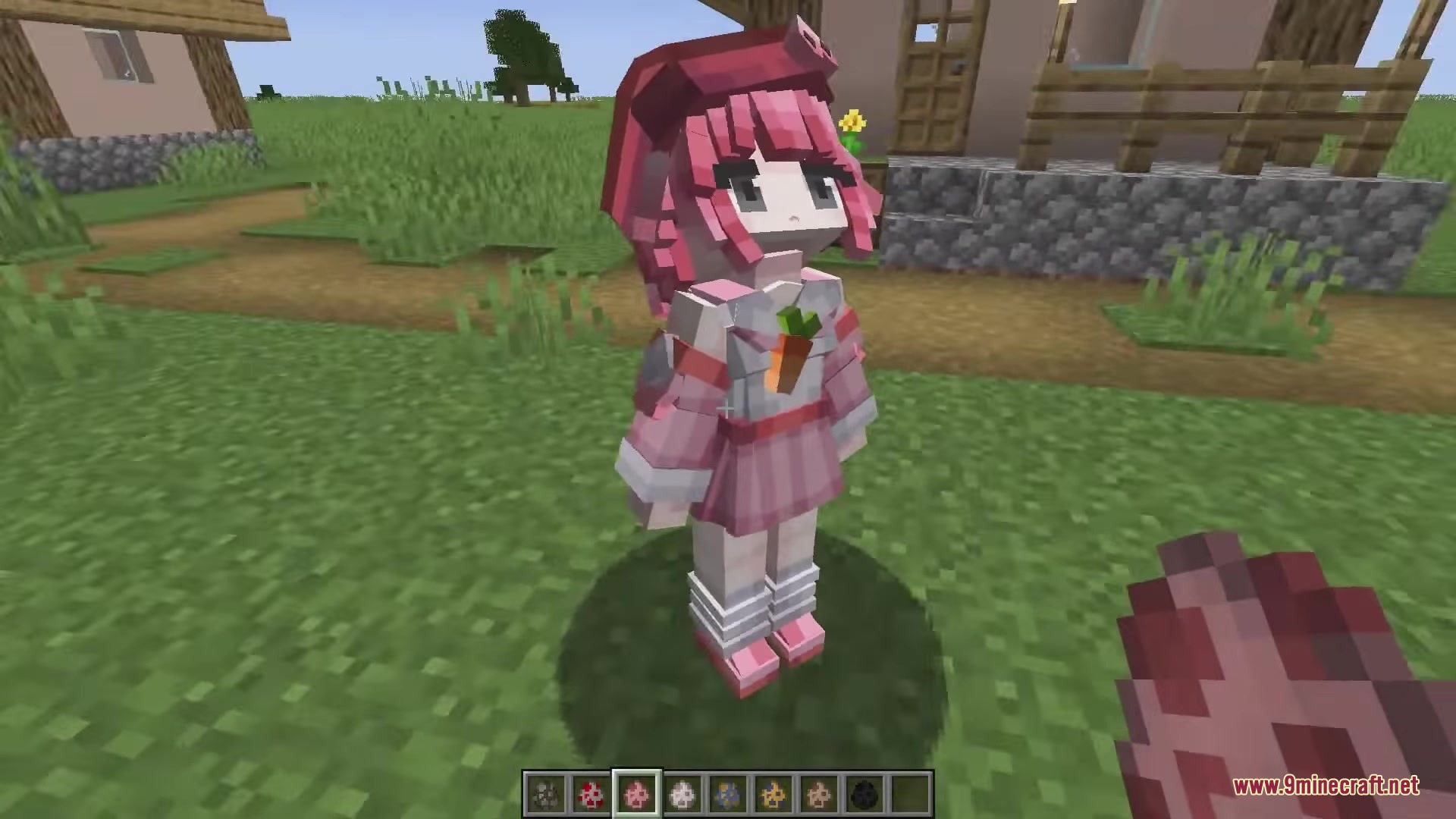Dokimobs Mod Screenshot 3 A pink anime girl mob standing in a grassy Minecraft field
