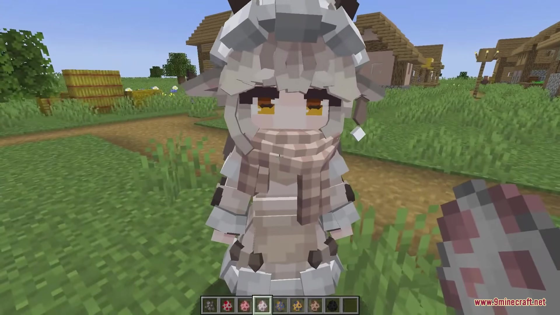 Dokimobs Mod Screenshot 4 A grey anime girl mob wearing a scarf in a village