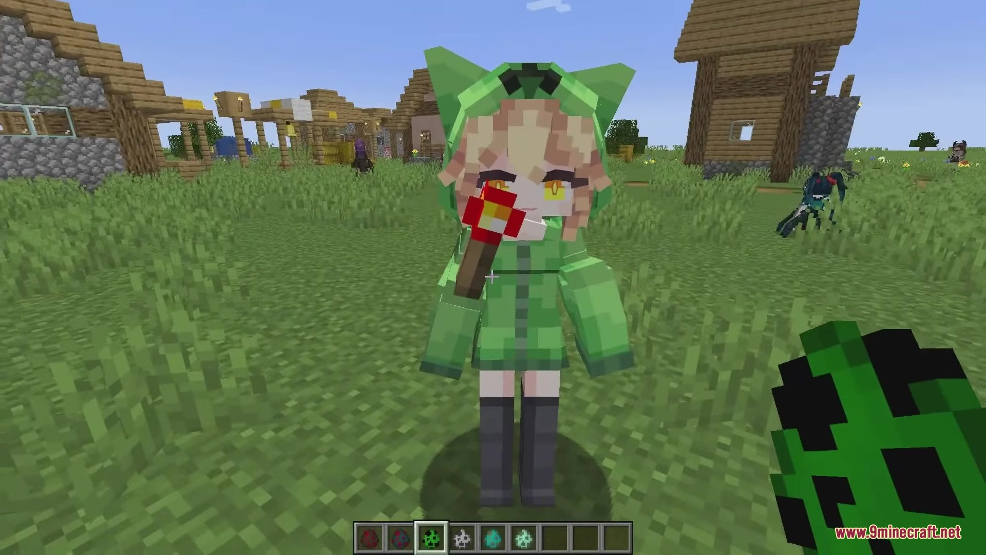 Dokimobs Mod Screenshot 9 A cute creeper girl from Dokimobs holding a redstone torch in a village