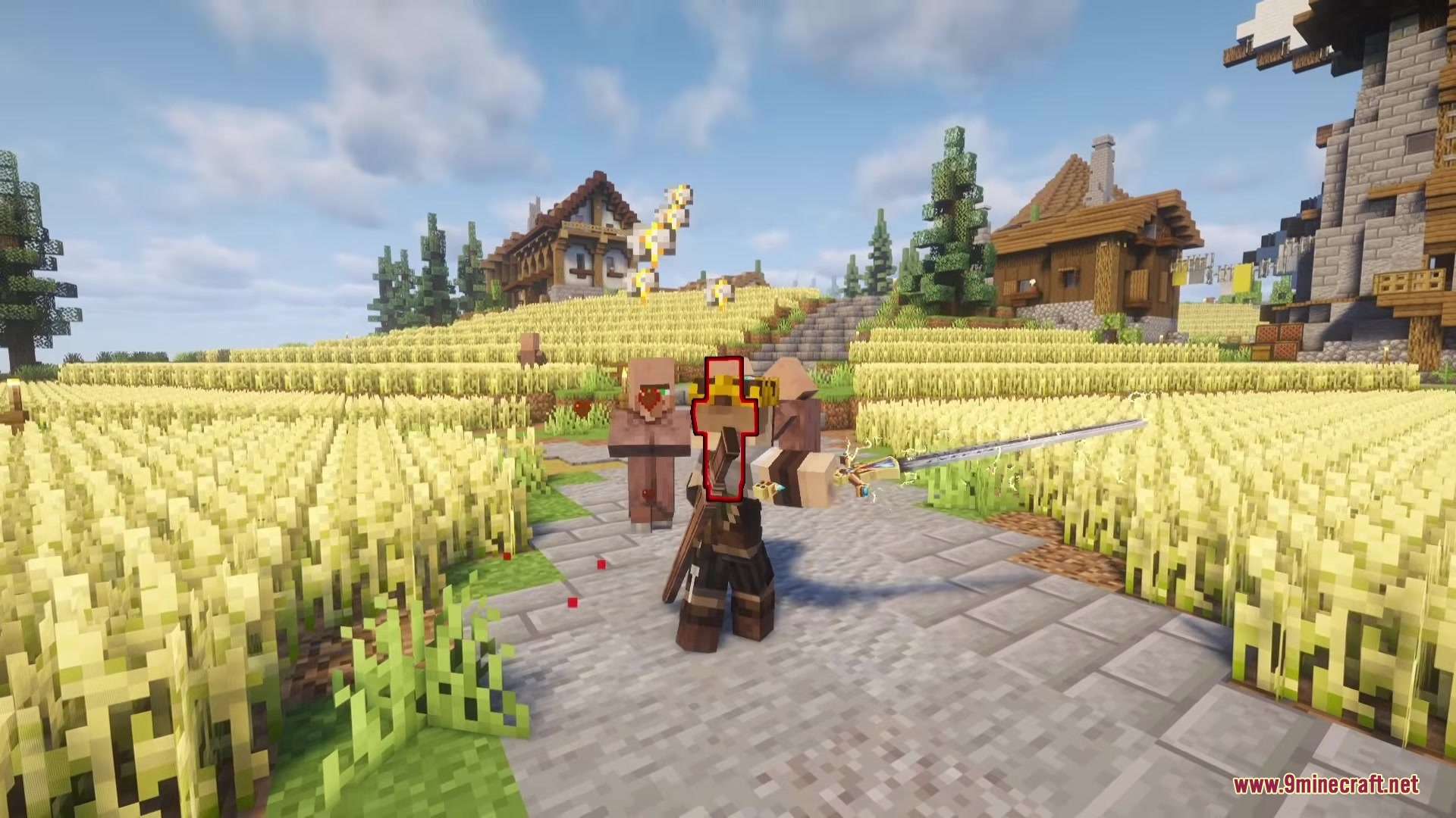 Doomsday Armors Mod Screenshot 1 A player wearing heavy power armor holding a sword near a wheat field