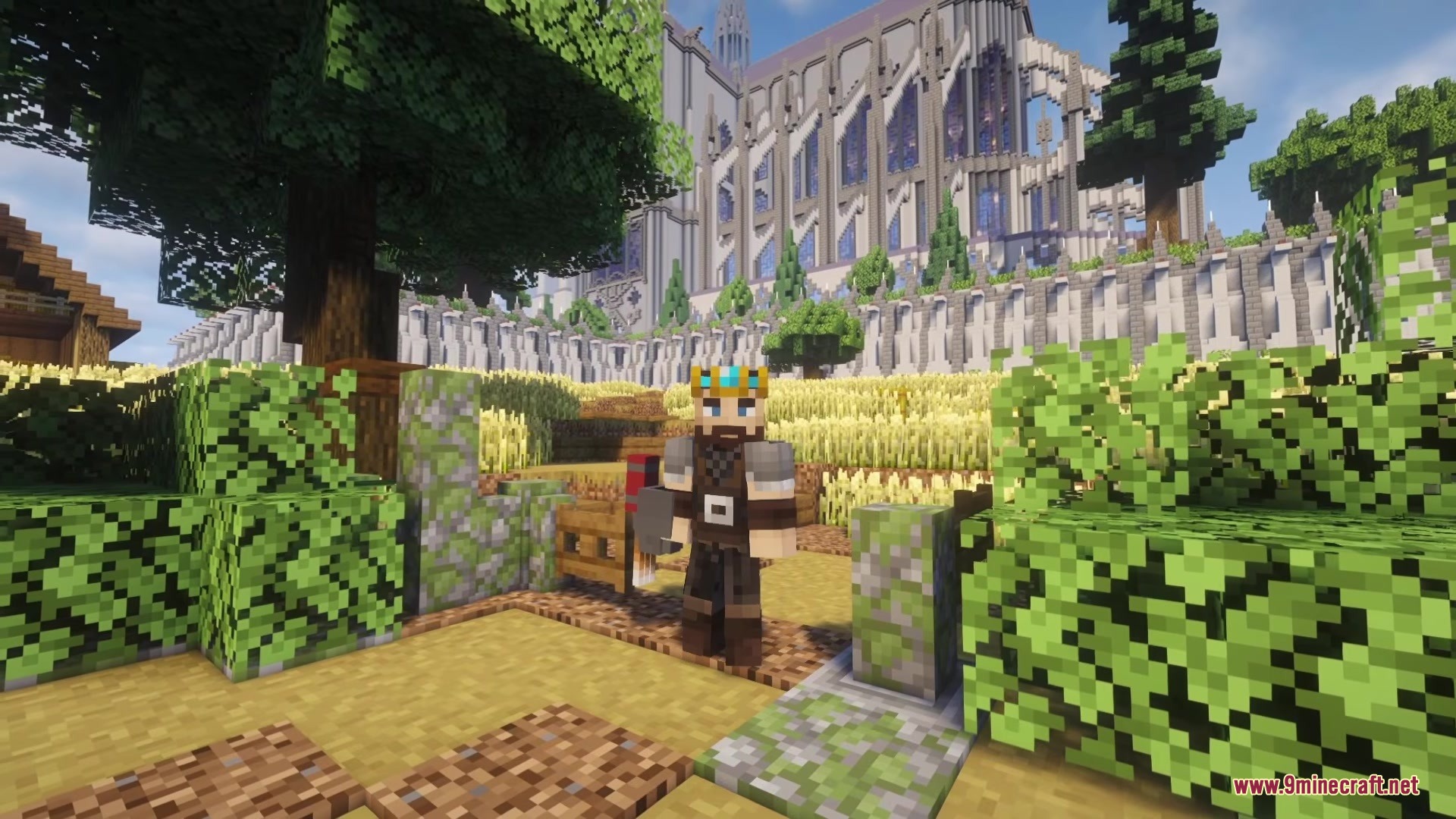 Doomsday Armors Mod Screenshot 3 A king character stands in a garden with a massive white building behind