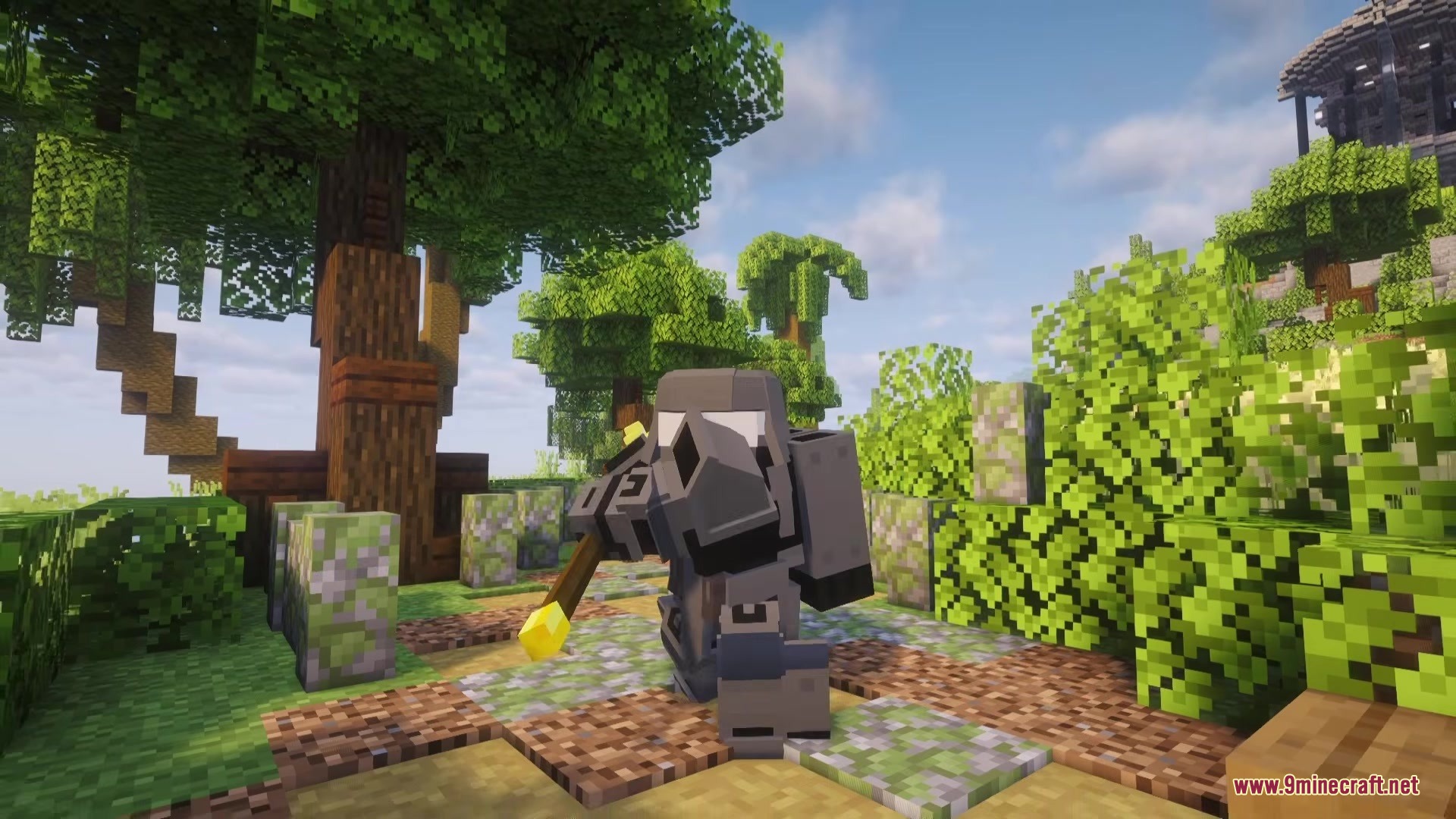 Doomsday Armors Mod Screenshot 5 A player wearing heavy gray power armor stands on a forest path