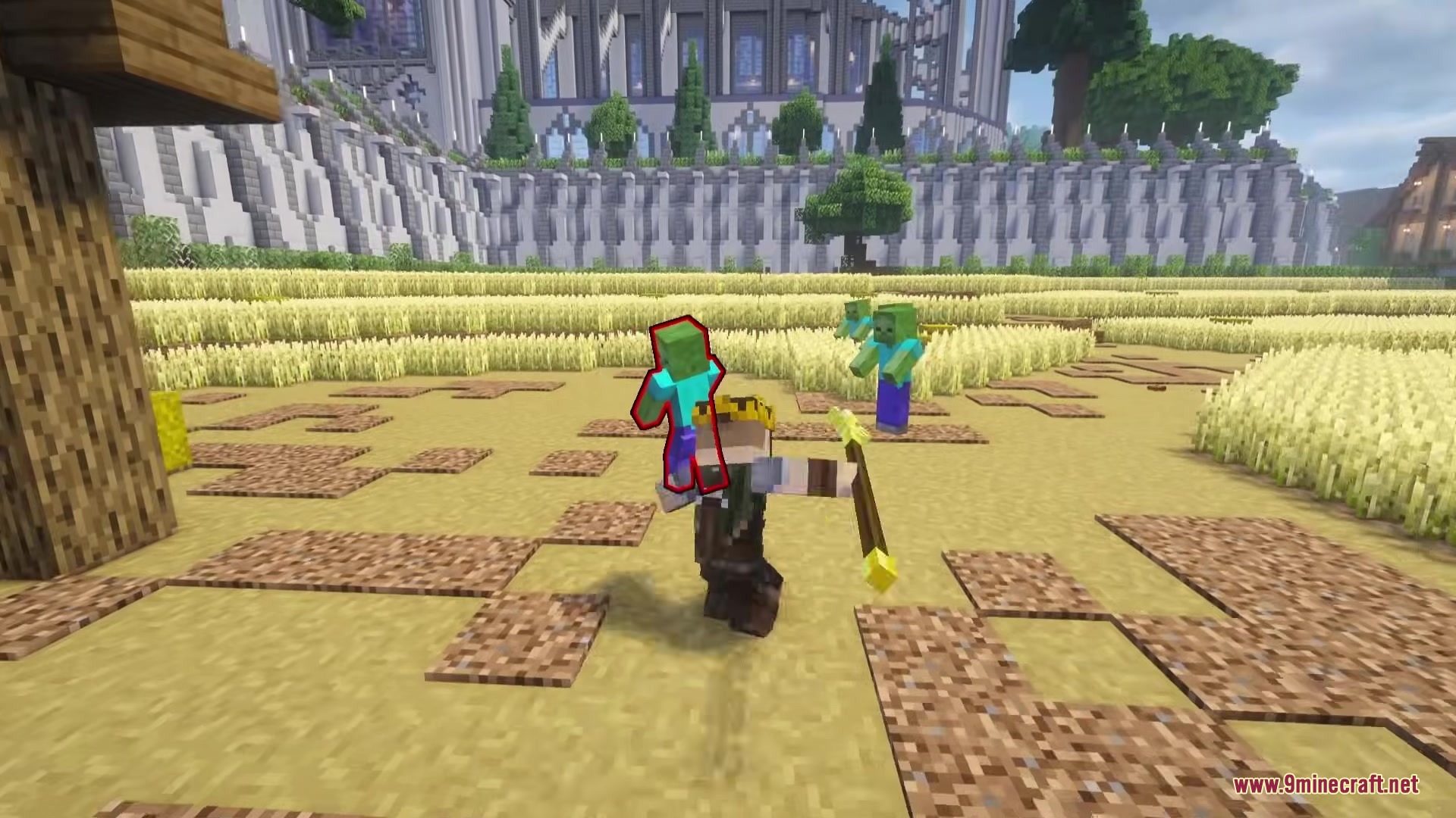 Doomsday Armors Mod Screenshot 6 A crowned player fights zombies in a wheat field using a golden weapon