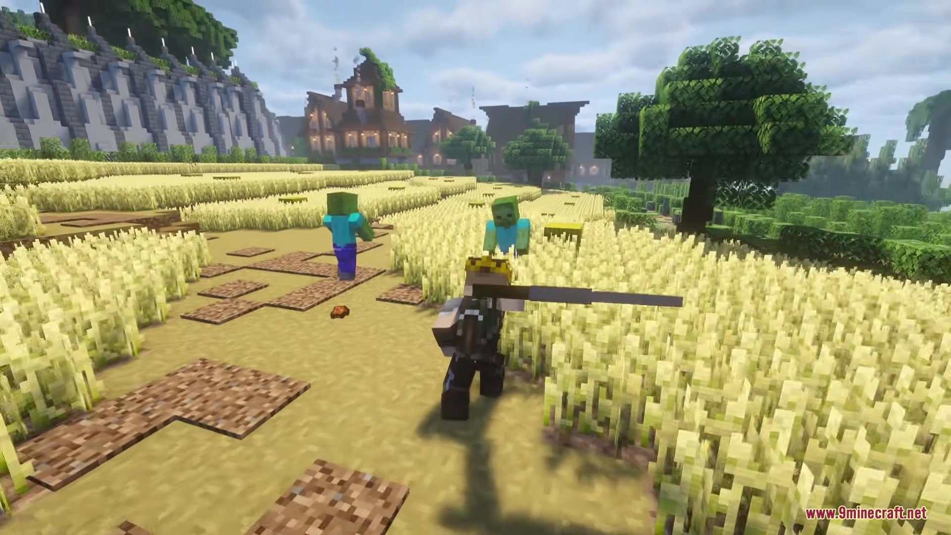 Doomsday Armors Mod Screenshot 7 Player wielding a long spear from Doomsday Armors Mod in a wheat field