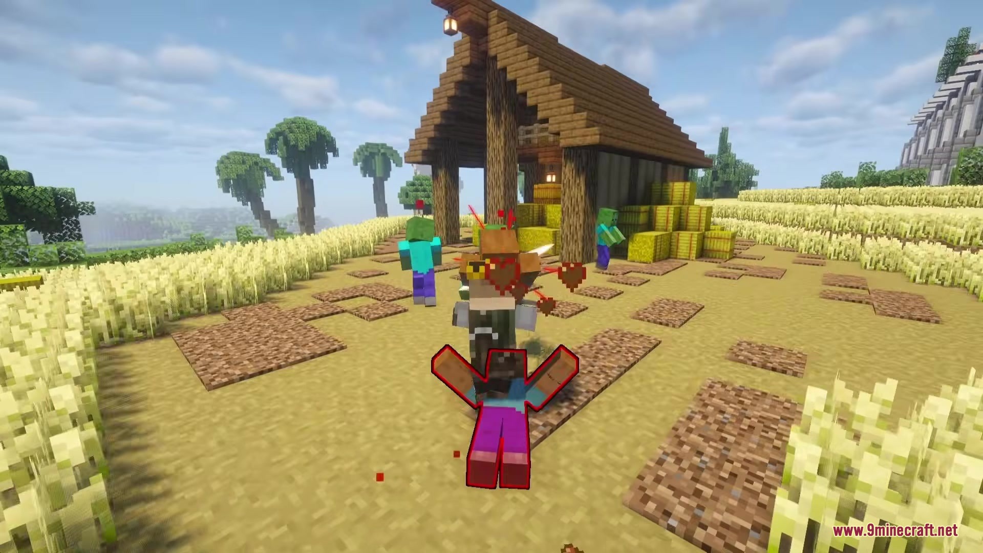 Doomsday Armors Mod Screenshot 8 Character attacking zombies with a melee weapon near a small wooden farm building