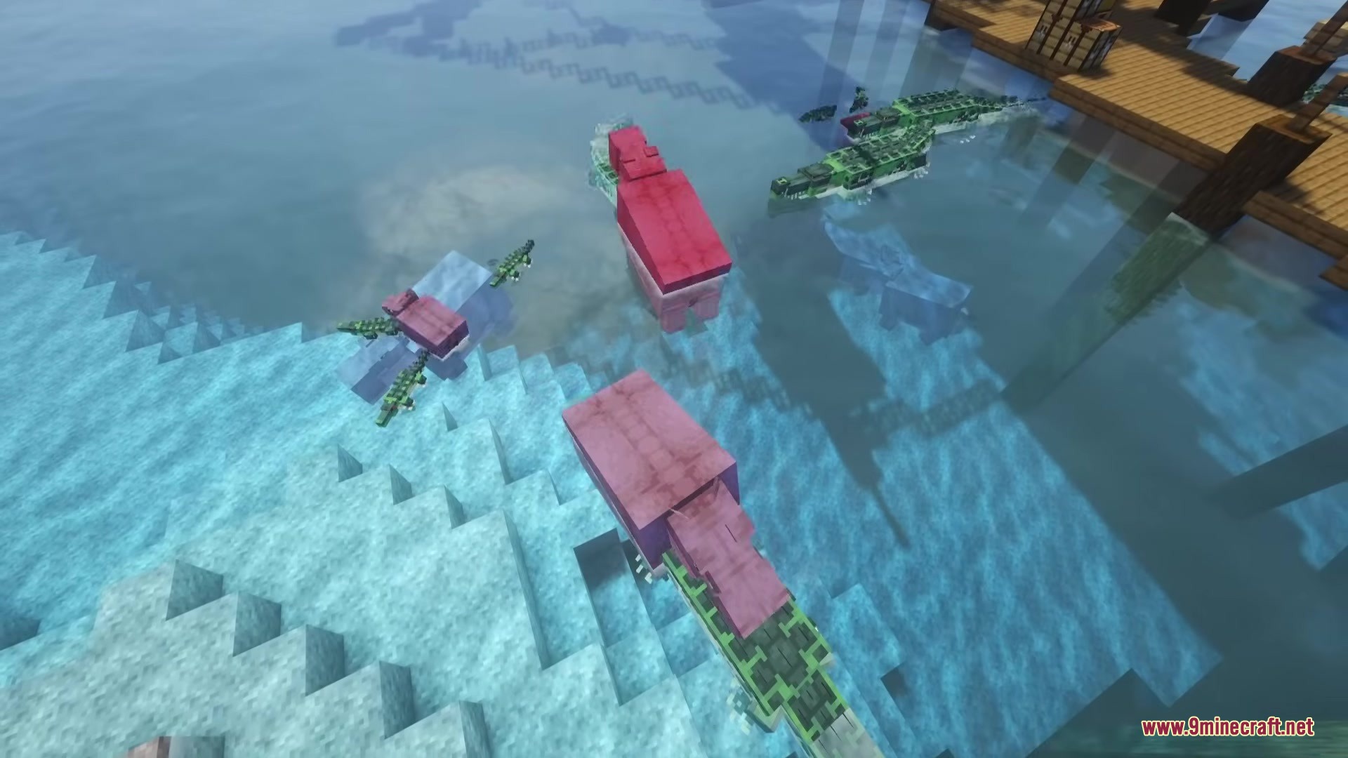 Draconic Spells Mod Screenshot 1 Several dragons swimming in the water near a wooden dock and ice blocks