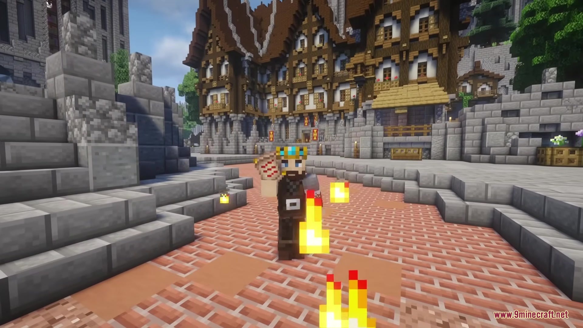 Draconic Spells Mod Screenshot 3 A player character casts a fire dragon spell in a medieval town