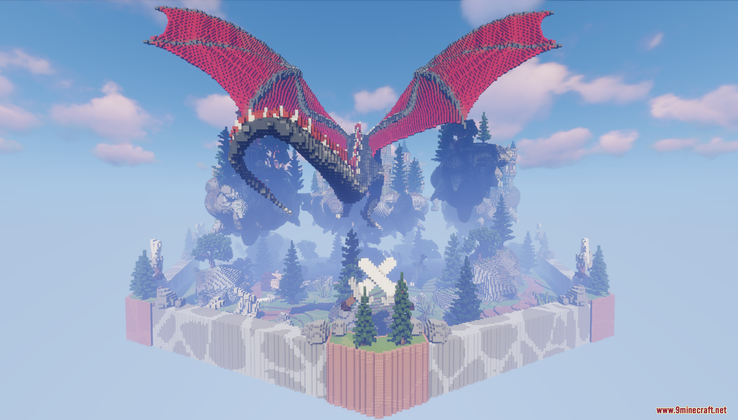 Dragon Skyblock Spawn Map Screenshot 1 A massive red dragon soaring above the Dragon SkyBlock Spawn Map
