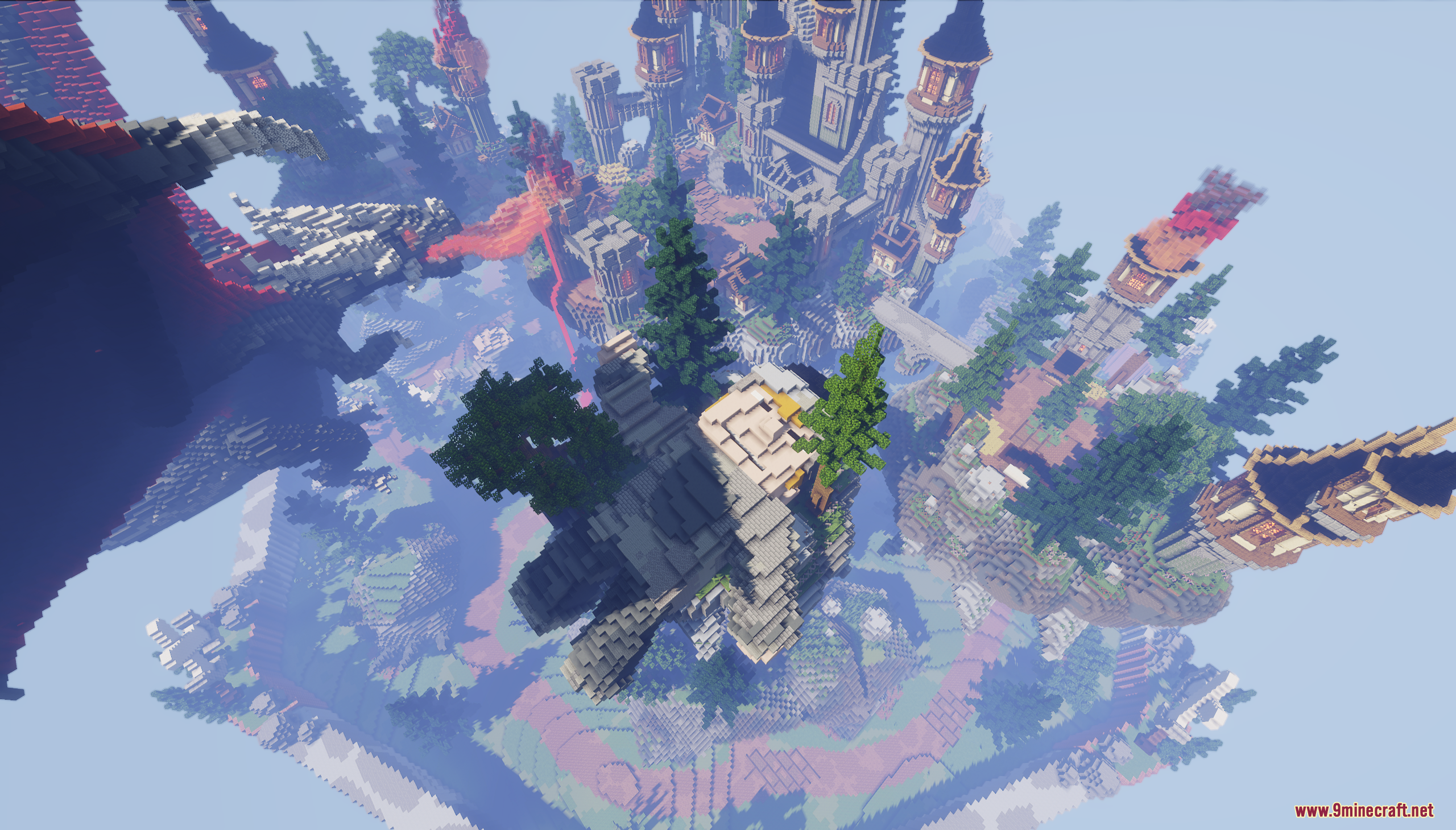 Dragon Skyblock Spawn Map Screenshot 10 Aerial view of floating islands with a dragon breathing fire near a castle