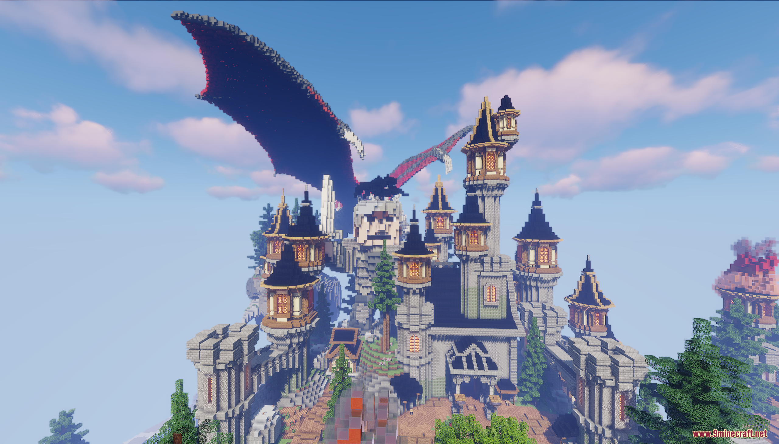 Dragon Skyblock Spawn Map Screenshot 2 A majestic medieval castle with many towers under a flying dragon