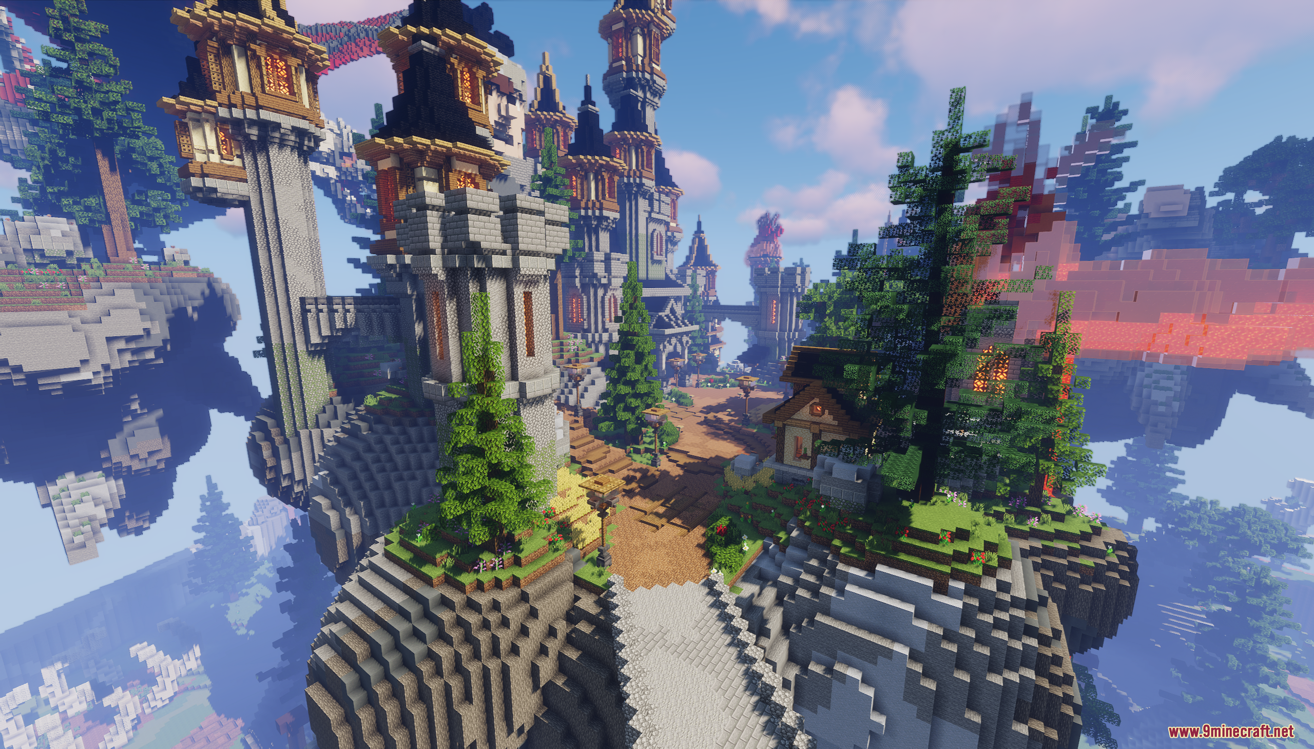 Dragon Skyblock Spawn Map Screenshot 3 Detailed castle structures on floating islands in the Dragon SkyBlock Spawn Map