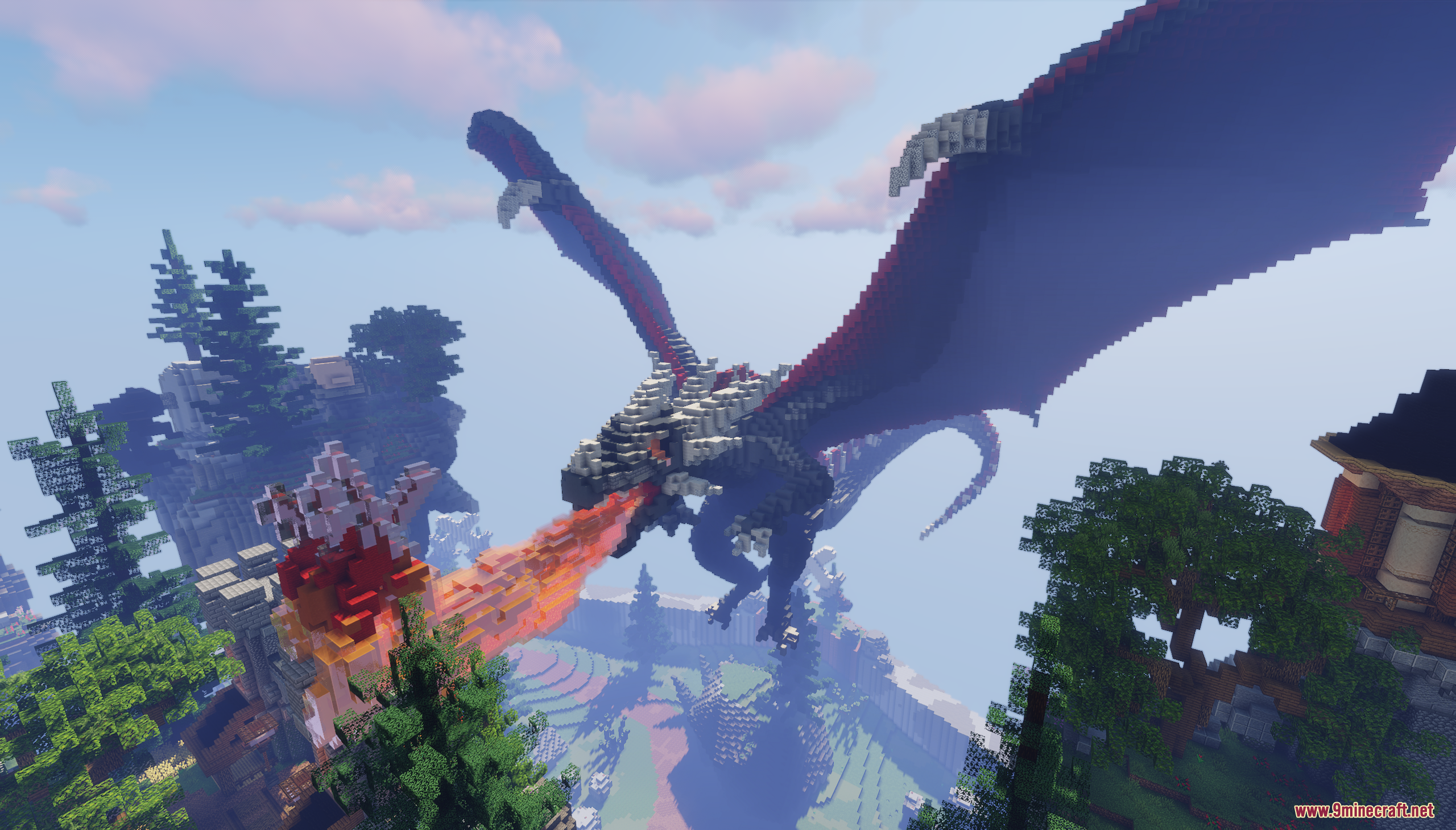 Dragon Skyblock Spawn Map Screenshot 4 A massive black dragon breathing fire over a scenic Minecraft landscape