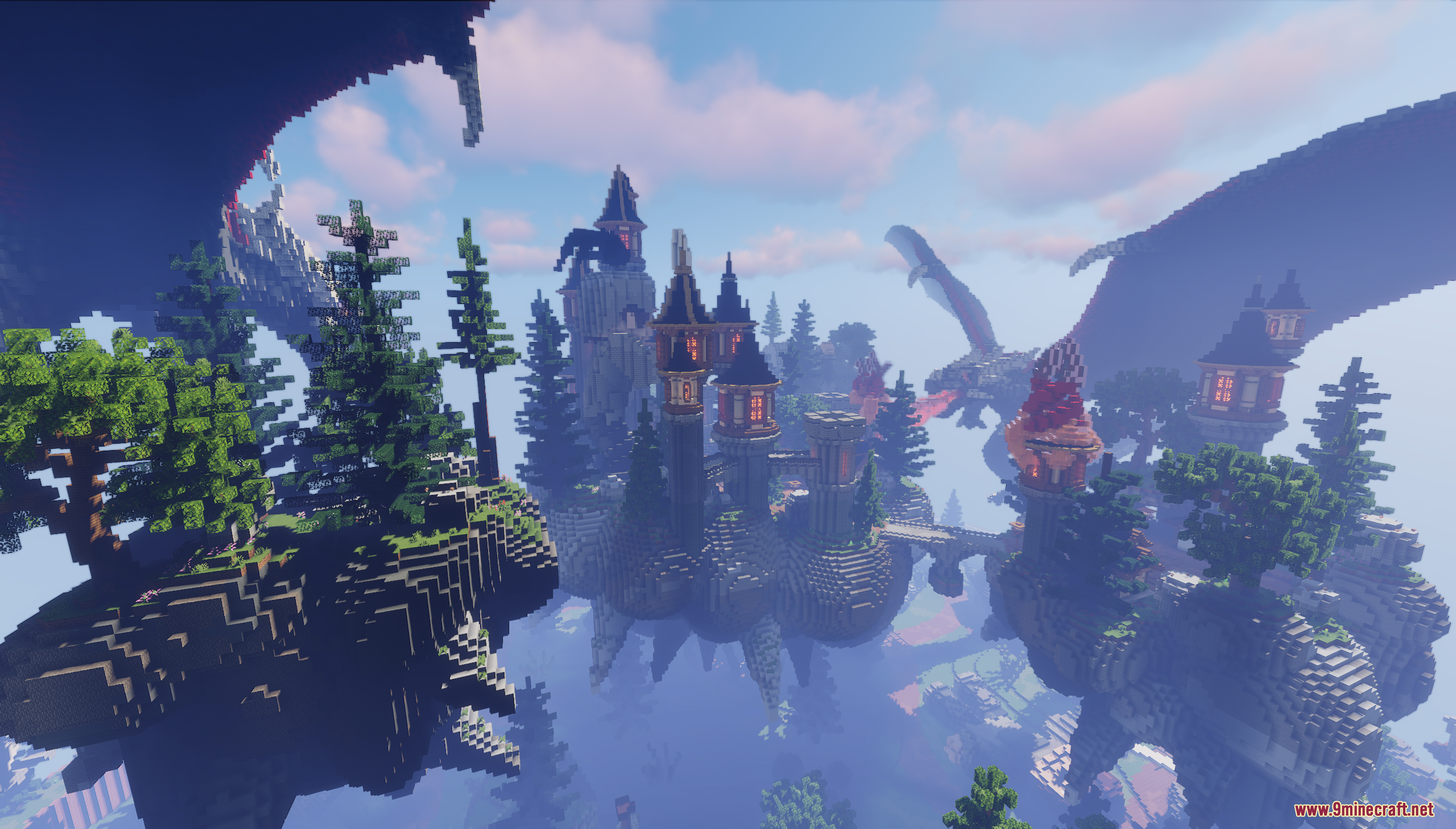 Dragon Skyblock Spawn Map Screenshot 5 Dragon Skyblock Spawn Map featuring floating islands and a massive dragon nearby