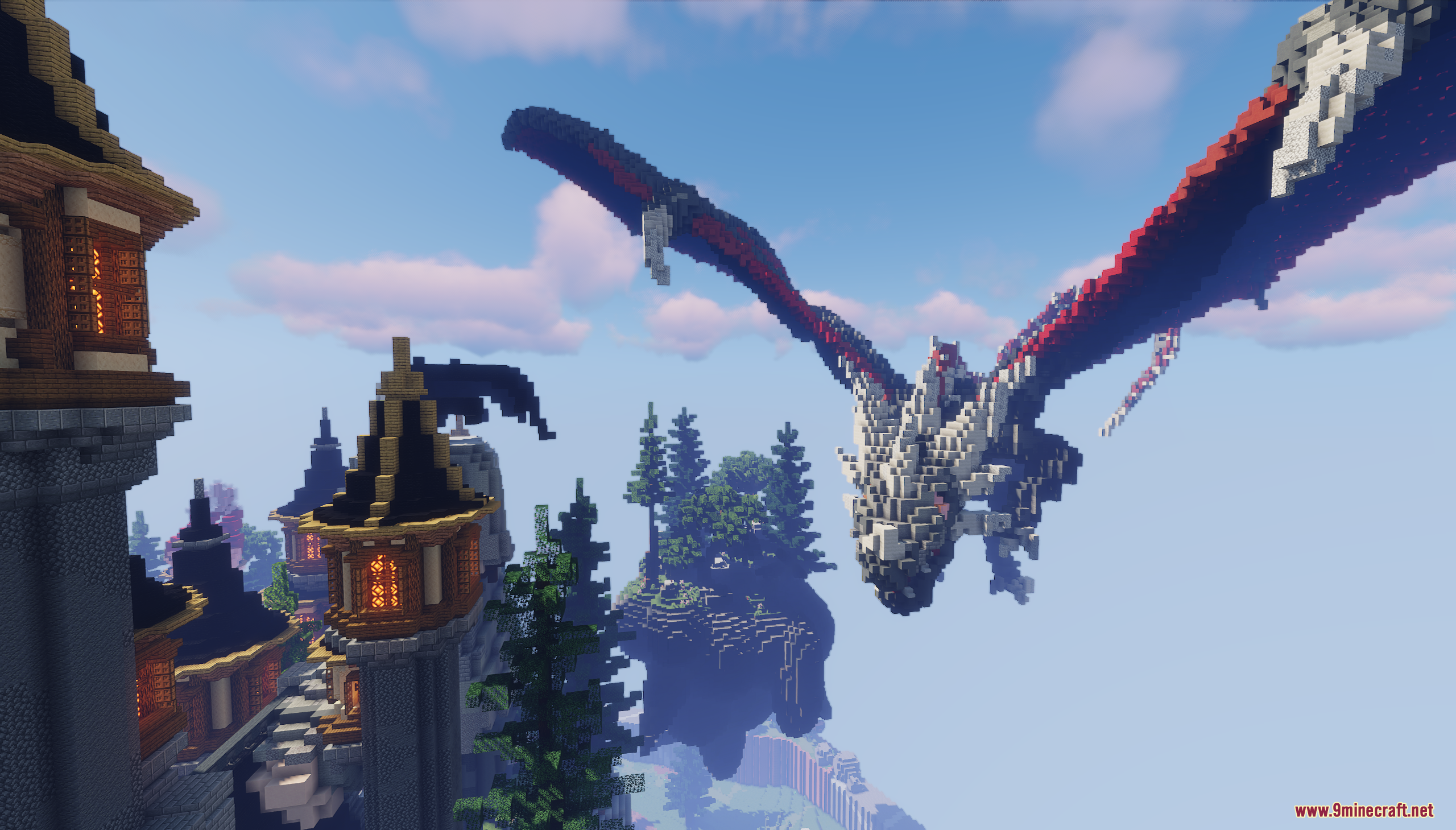 Dragon Skyblock Spawn Map Screenshot 7 A massive dragon flies over the Dragon SkyBlock Spawn Map floating islands