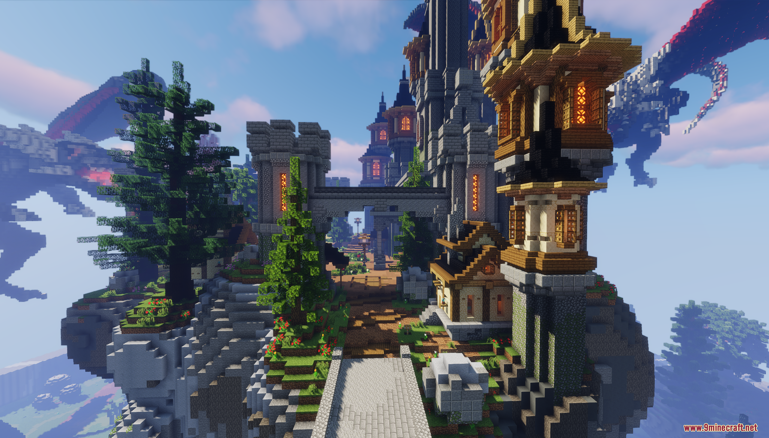 Dragon Skyblock Spawn Map Screenshot 8 A detailed medieval castle built on a floating island with a dragon nearby