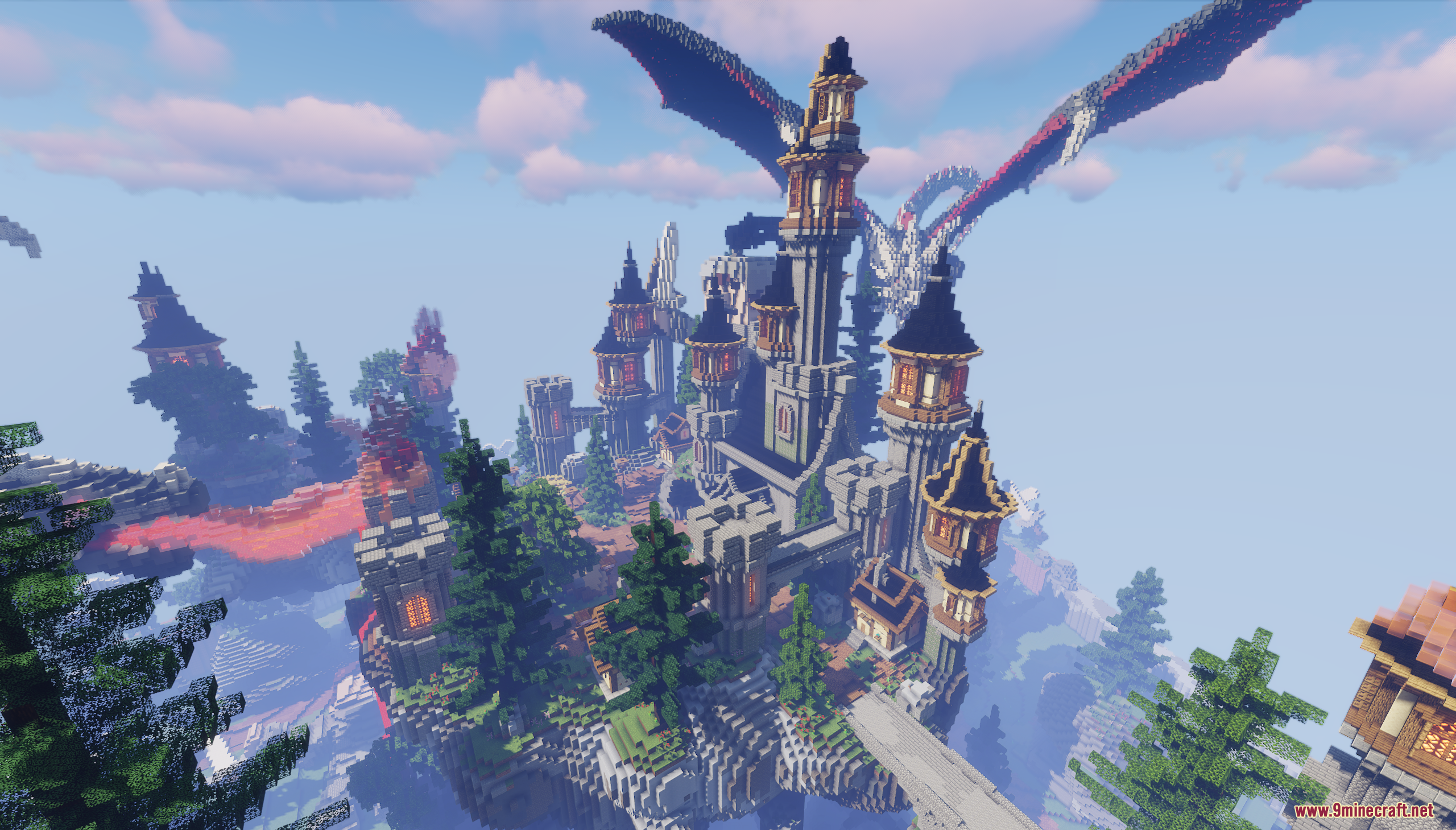 Dragon Skyblock Spawn Map Screenshot 9 A grand castle on the Dragon SkyBlock Spawn map with a massive dragon