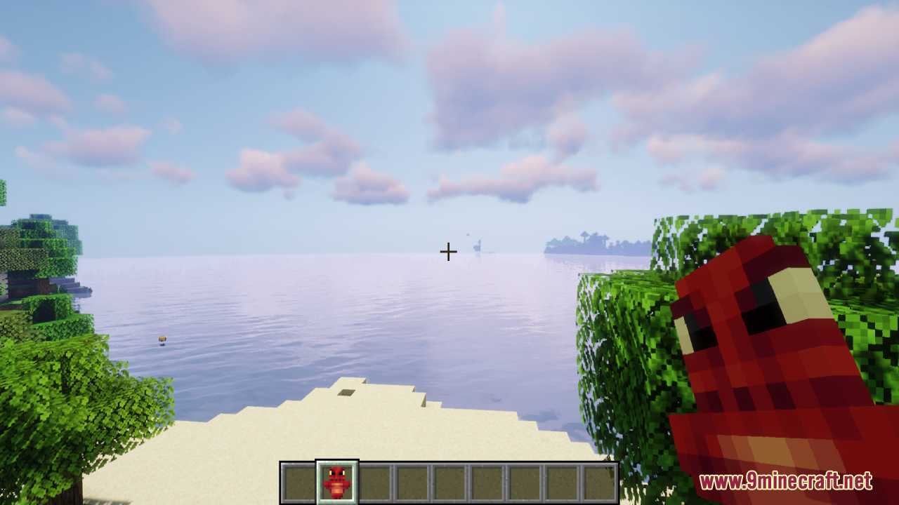 Dragon Totem of Undying Resource Pack Screenshot 1 Player holding a red dragon totem near the ocean