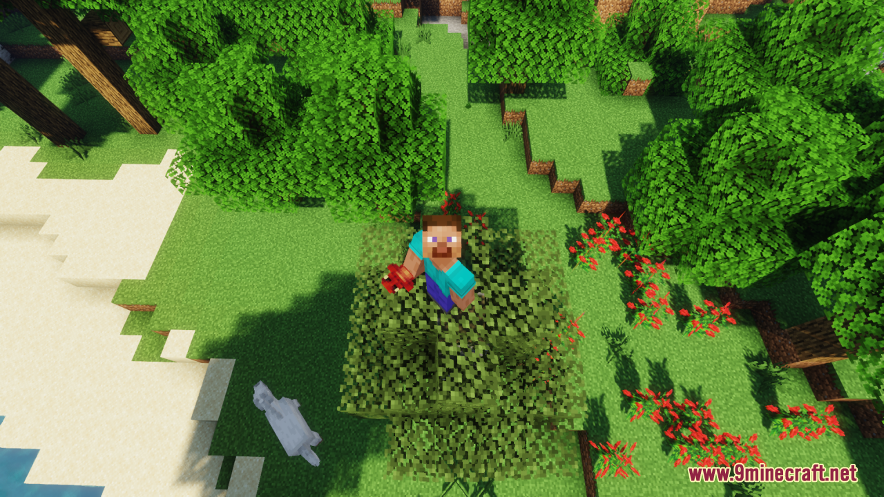 Dragon Totem of Undying Resource Pack Screenshot 2 Steve holding a red dragon totem while standing on leaves