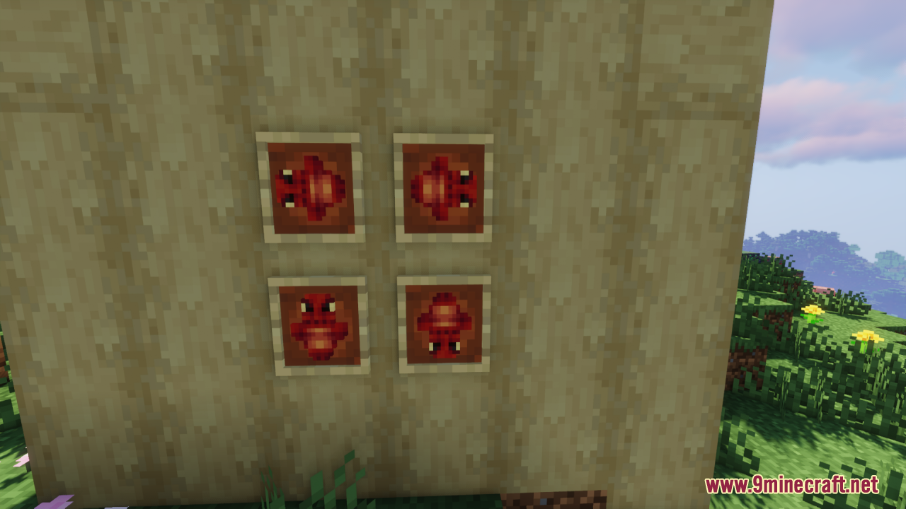 Dragon Totem of Undying Resource Pack Screenshot 5 Four red dragon totems displayed in item frames on a wooden wall