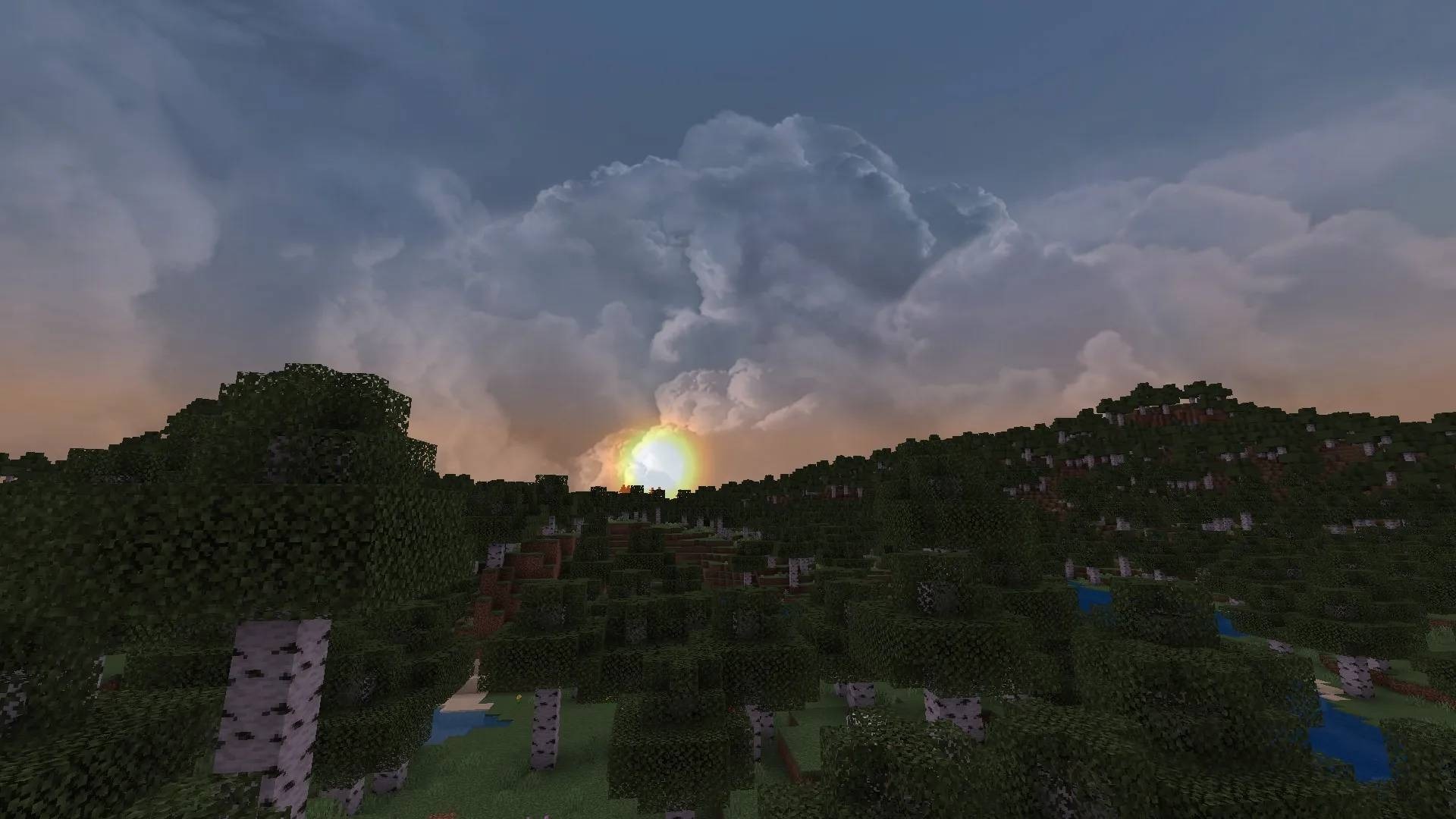 Dramatic Skys Shader Screenshot 2 Realistic clouds and a glowing sun during a colorful Minecraft sunset