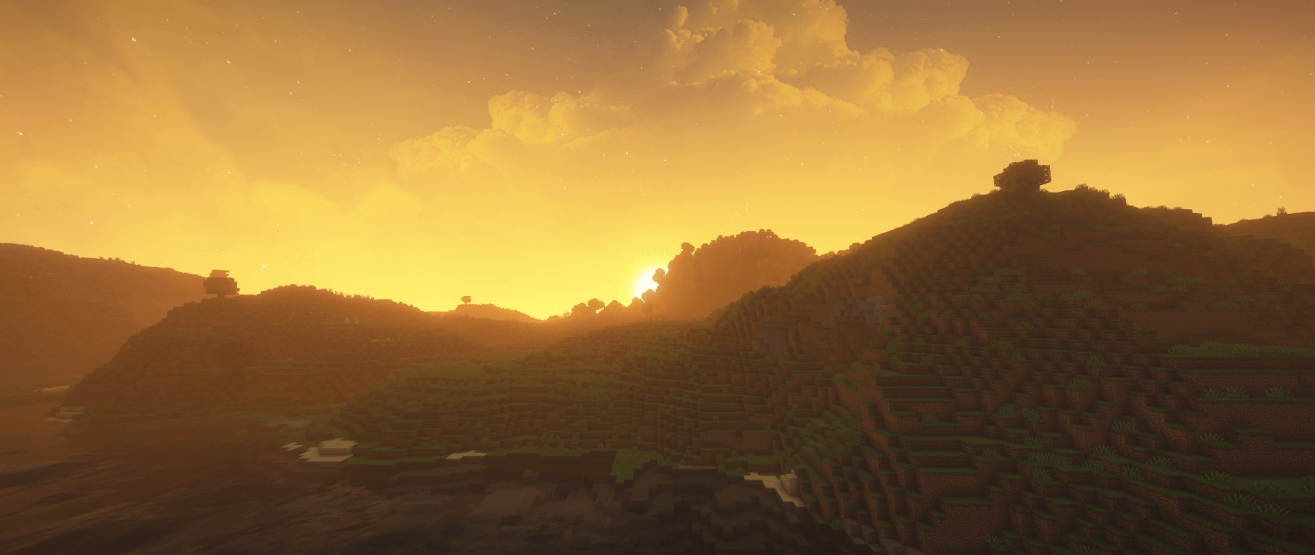 Dramatic Skys Shader Screenshot 6 Bright orange sunset with realistic clouds and lighting over a hilly landscape