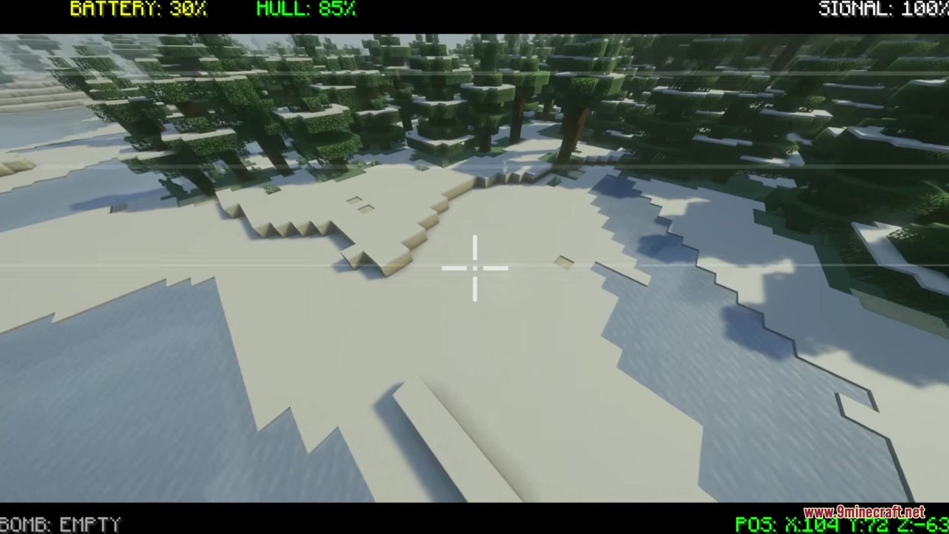 Drone FPV Mod Screenshot 1 First person view from a drone scouting a snowy forest in Minecraft