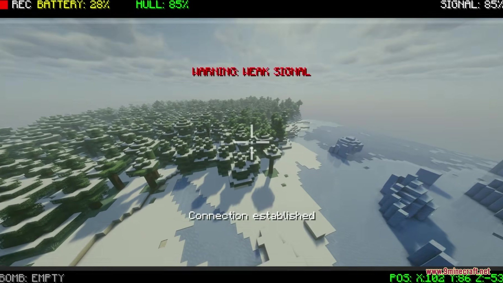 Drone FPV Mod Screenshot 2 Drone camera displaying a weak signal warning while flying high above trees