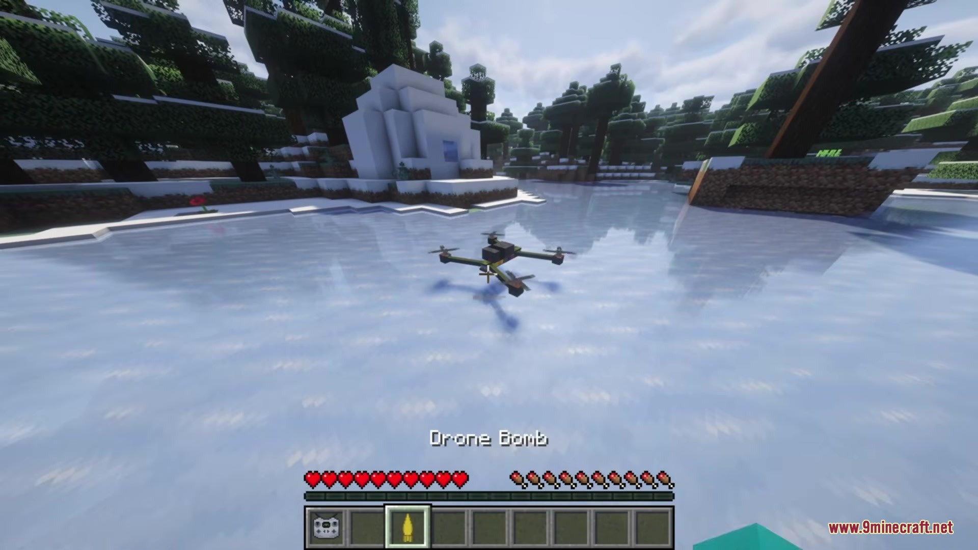 Drone FPV Mod Screenshot 4 A quadcopter drone hovering over a frozen lake in a snowy forest