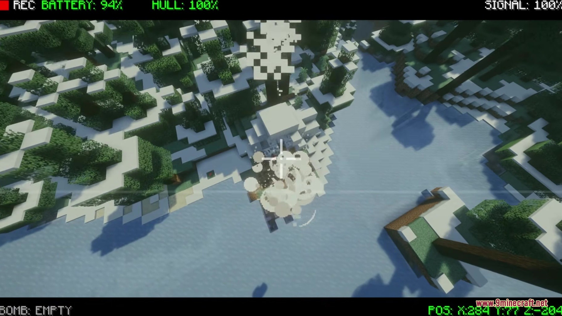 Drone FPV Mod Screenshot 7 First person drone view showing an explosion in a snowy Minecraft forest