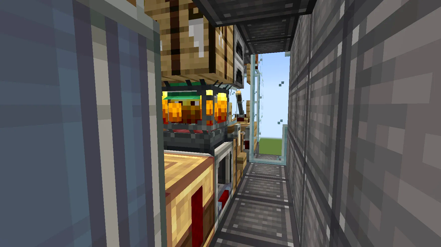 Narrow interior of a survival helicopter with crafting blocks and a window view