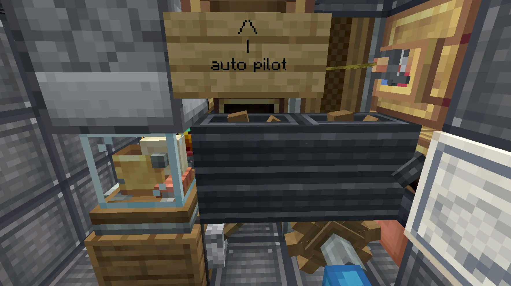 Interior view of a helicopter cockpit with a sign for auto pilot