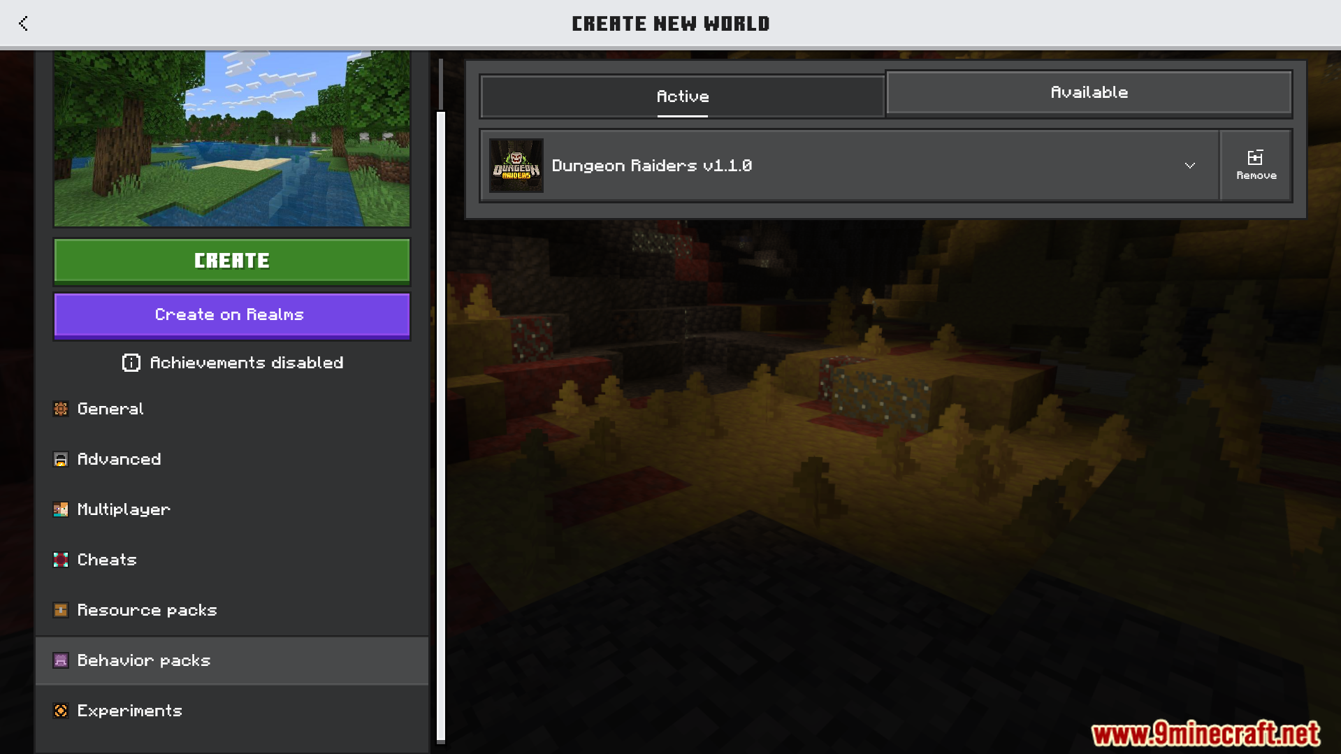 Dungeon Raiders Addon Screenshot 1 Minecraft menu showing Dungeon Raiders behavior pack active for a new world
