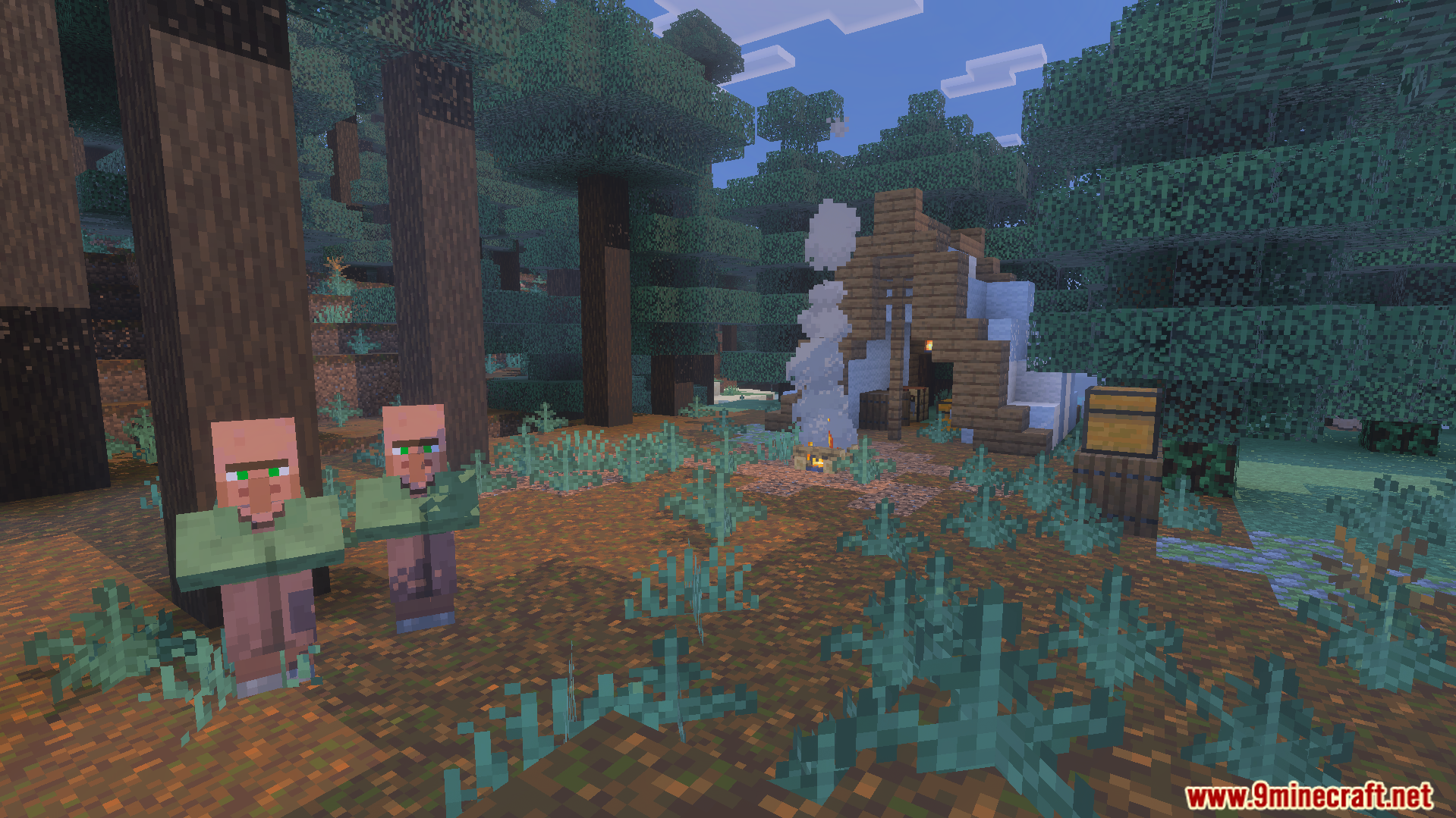 Dungeon Raiders Addon Screenshot 2 Villagers standing near a campfire and a small wooden structure in the forest