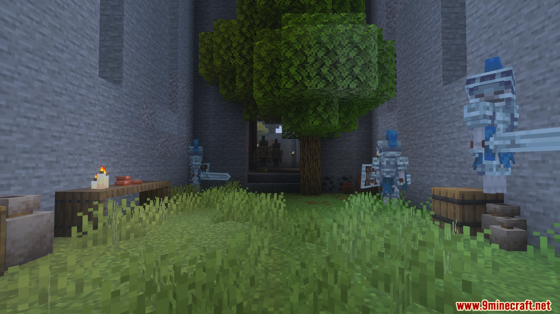 Dungeon Raiders Addon Screenshot 6 Multiple characters wearing custom armor inside a stone dungeon room with decorative items