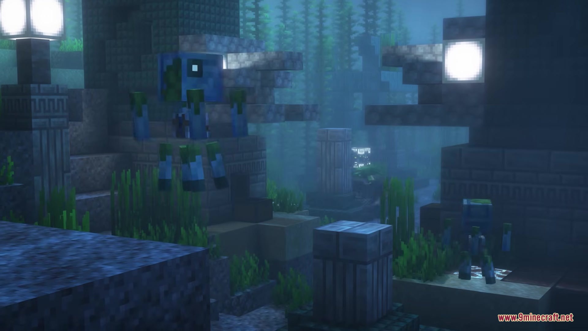 The Brine water mob swimming through an underwater conduit monument with sea lanterns