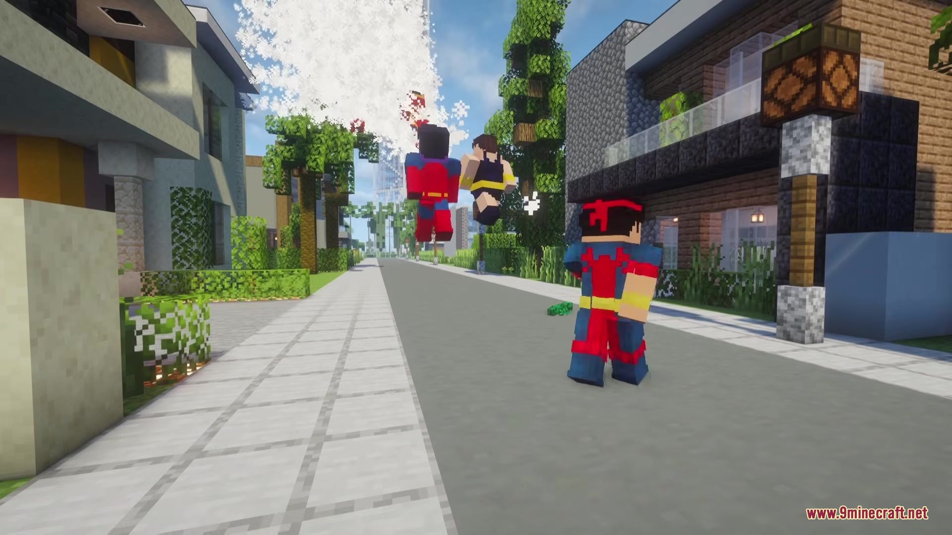 Echoes of Power Reborn Mod Screenshot 1 Minecraft players with superhero skins fly and walk along a suburban street