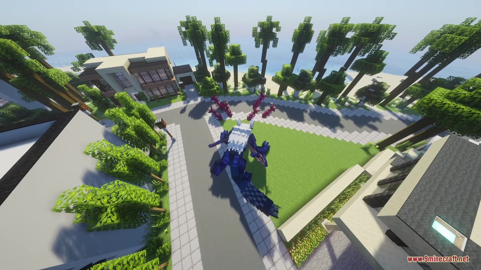 Echoes of Power Reborn Mod Screenshot 10 Blue creature with pink energy walking through a modern suburban neighborhood street