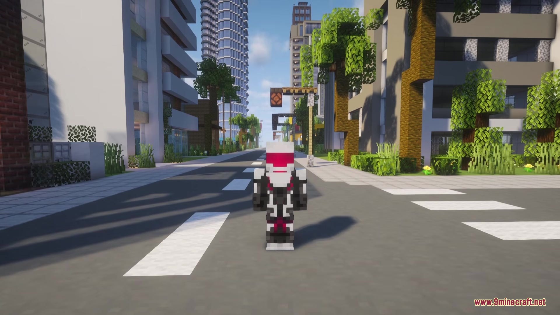 Echoes of Power Reborn Mod Screenshot 2 A player wearing a custom superhero suit stands on a modern city street