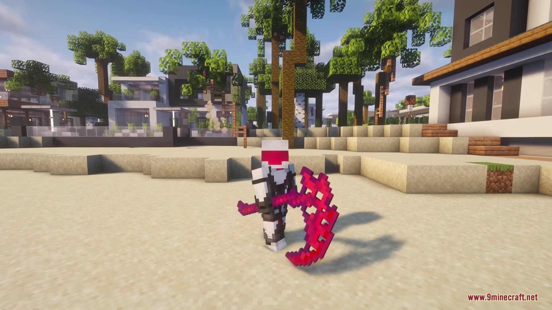 Echoes of Power Reborn Mod Screenshot 6 Character wielding a large glowing magenta scythe on a beach