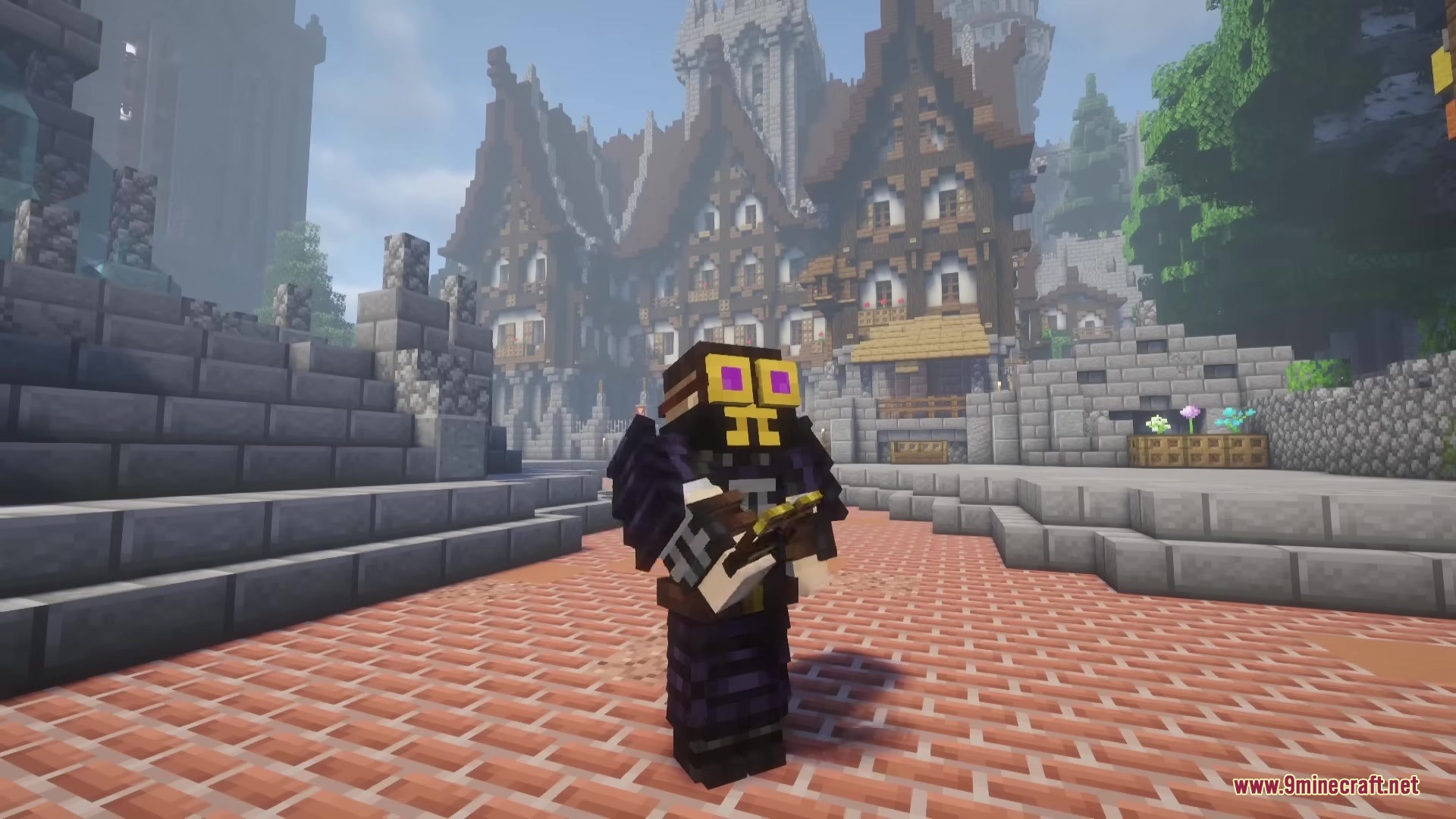 Minecraft character wearing dark ornate armor and a golden mask in a medieval square