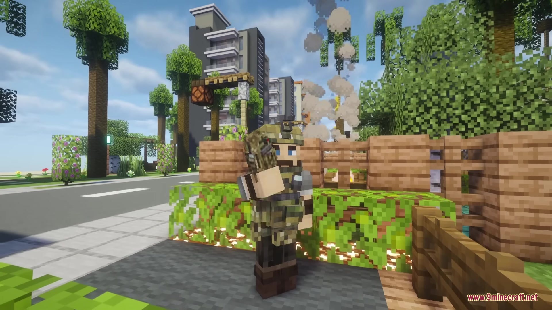 Player wearing camouflage military gear standing on a sidewalk in a modern city