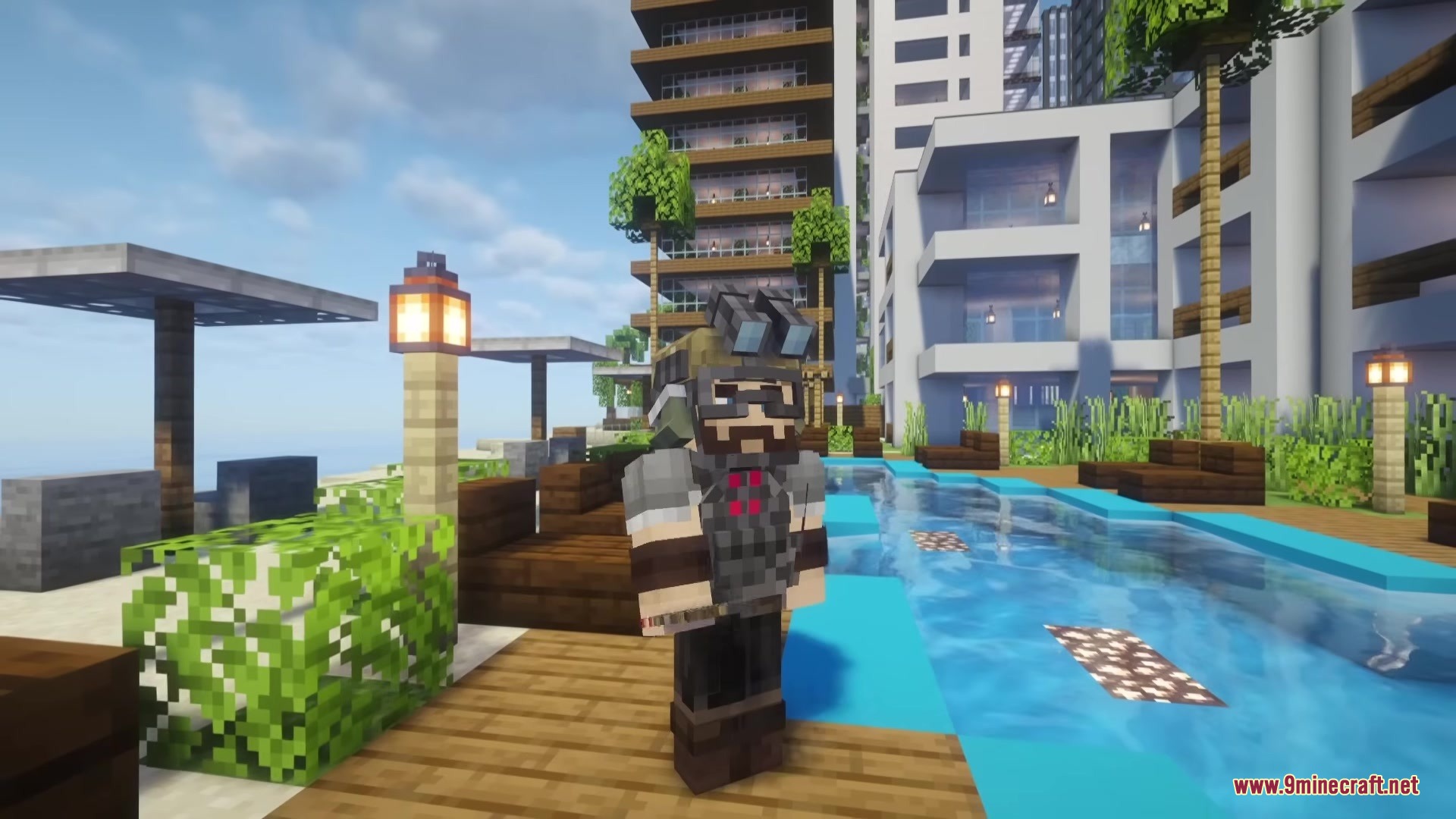 Character wearing heavy tactical armor standing next to a pool in a resort