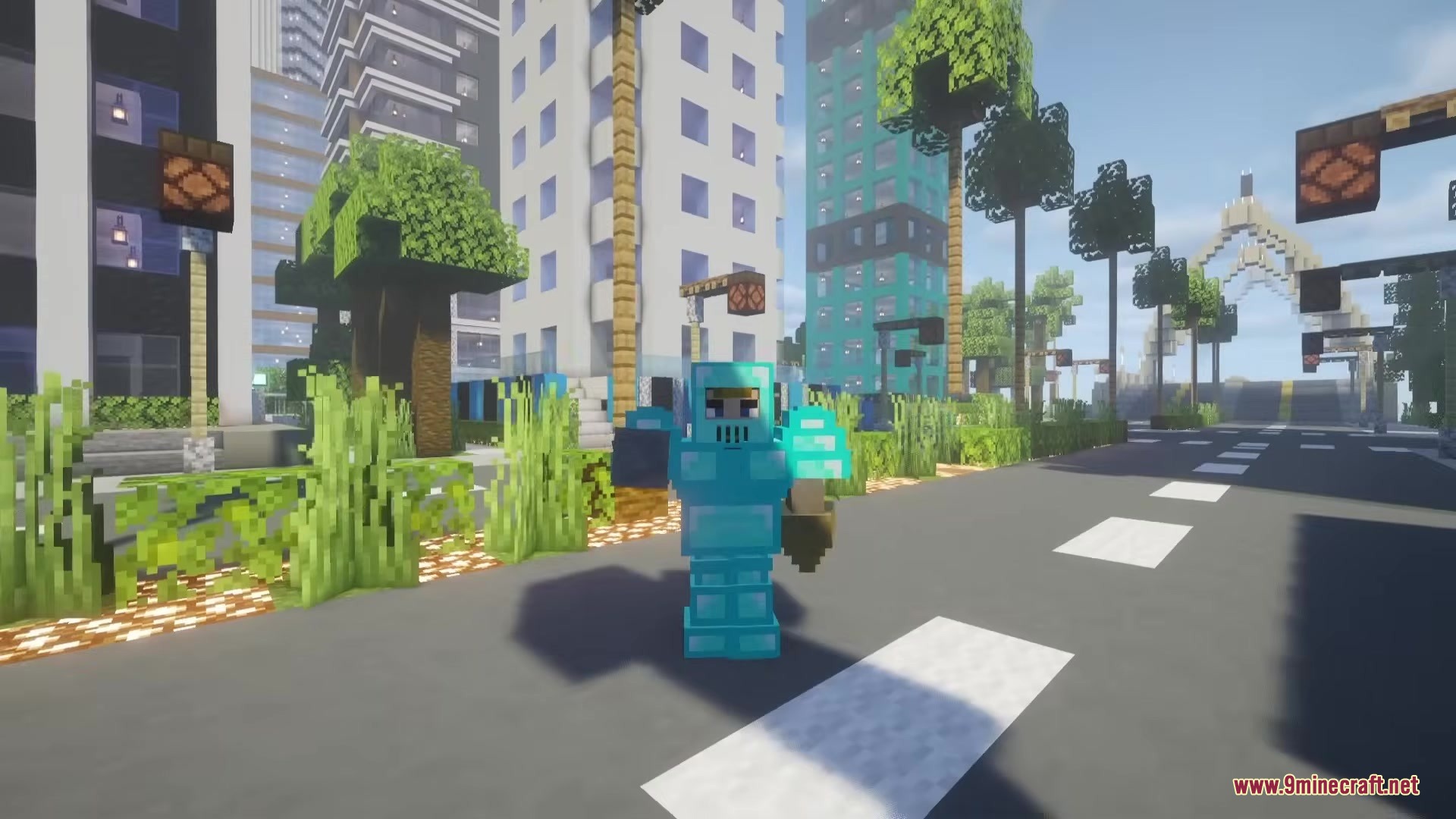 A player wearing diamond armor holds a modern gun on a city street