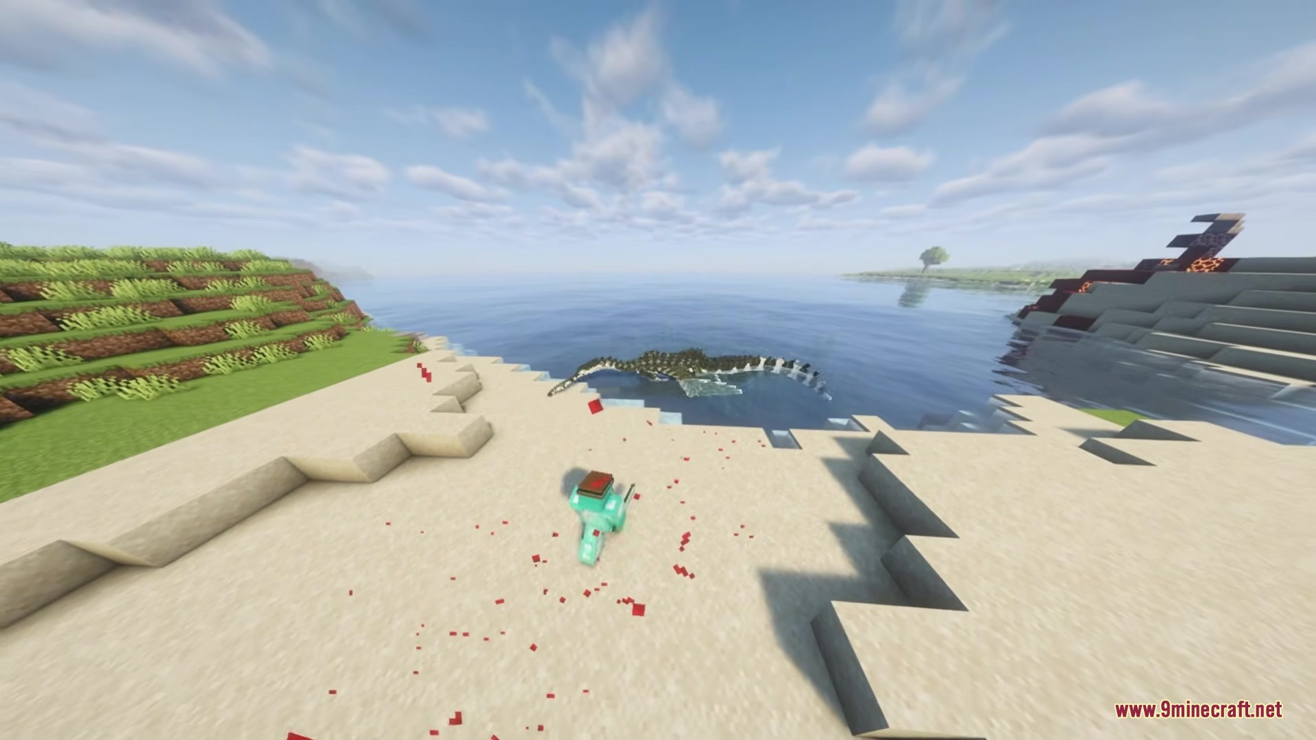 Ecological Replenishment Station Mod Screenshot 1 A player in diamond armor watches a large six legged creature in the water