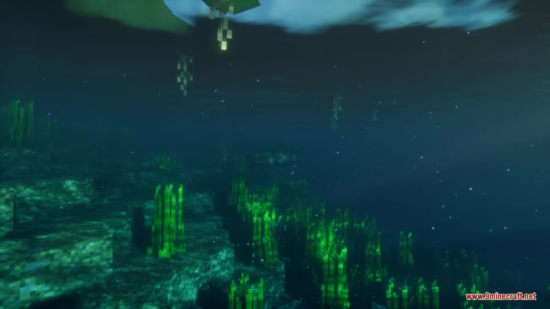 Ecological Replenishment Station Mod Screenshot 13 Bioluminescent green flora on the ocean floor within a dark underwater Minecraft world