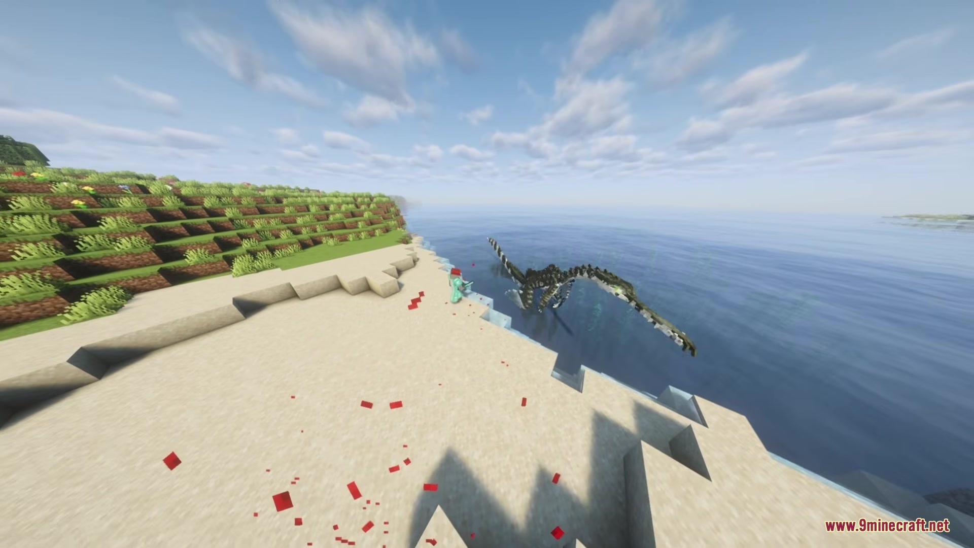 Ecological Replenishment Station Mod Screenshot 2 A player stands on the beach as a long six legged creature swims