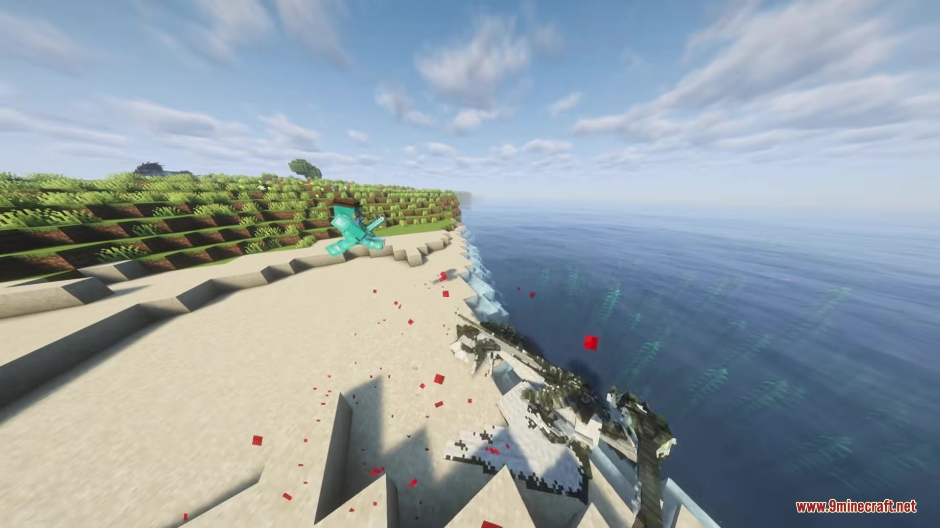 Ecological Replenishment Station Mod Screenshot 3 A player in diamond armor leaps through the air above a sandy beach