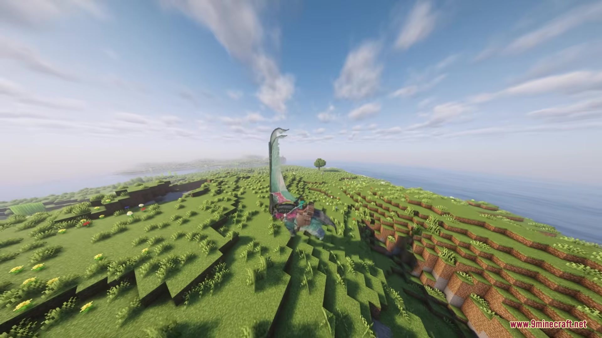 Ecological Replenishment Station Mod Screenshot 4 A player rides a massive six legged flying creature over a green landscape